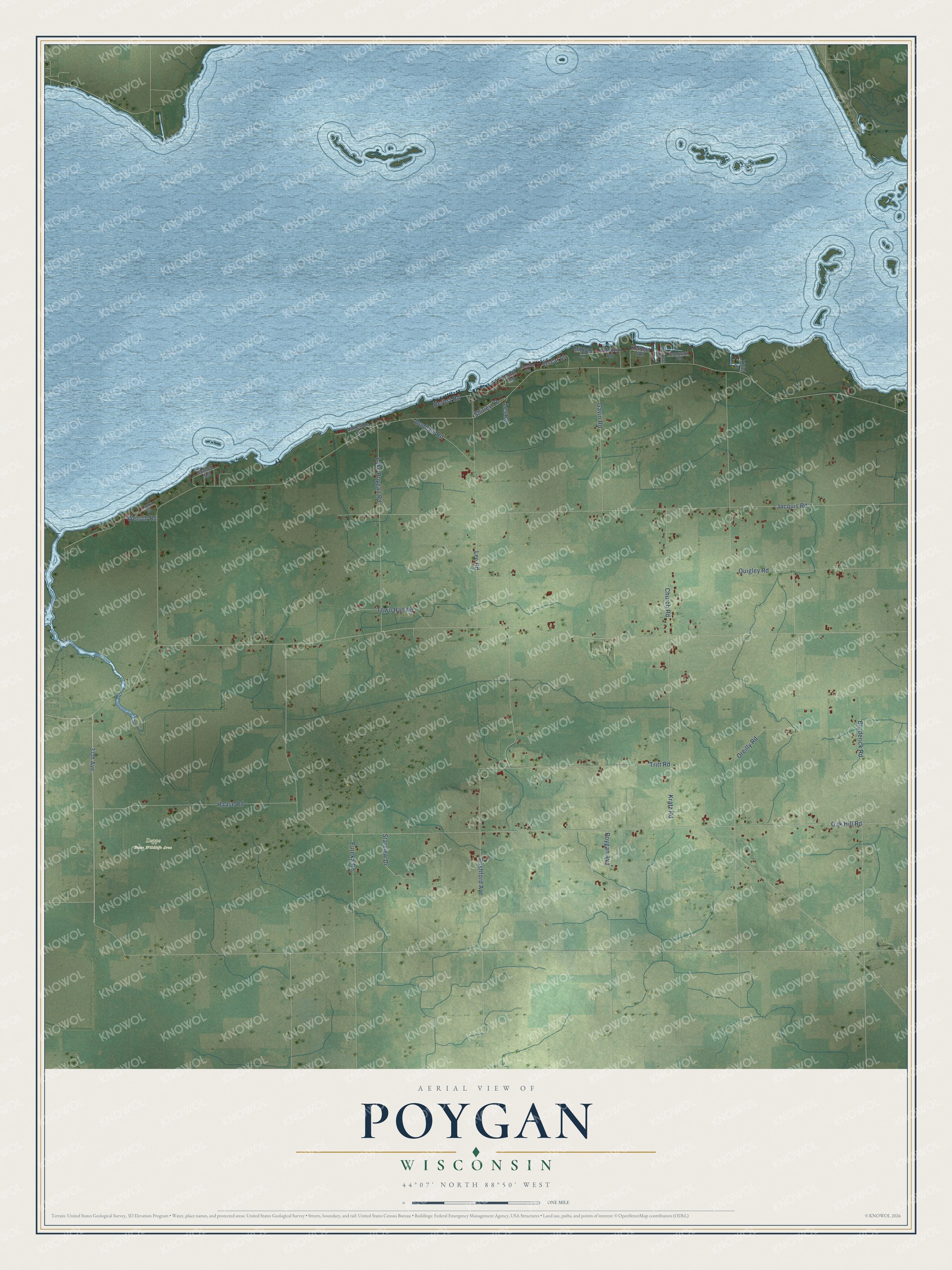 Full map of Poygan, Wisconsin, with red buildings, printed street names and the land around them