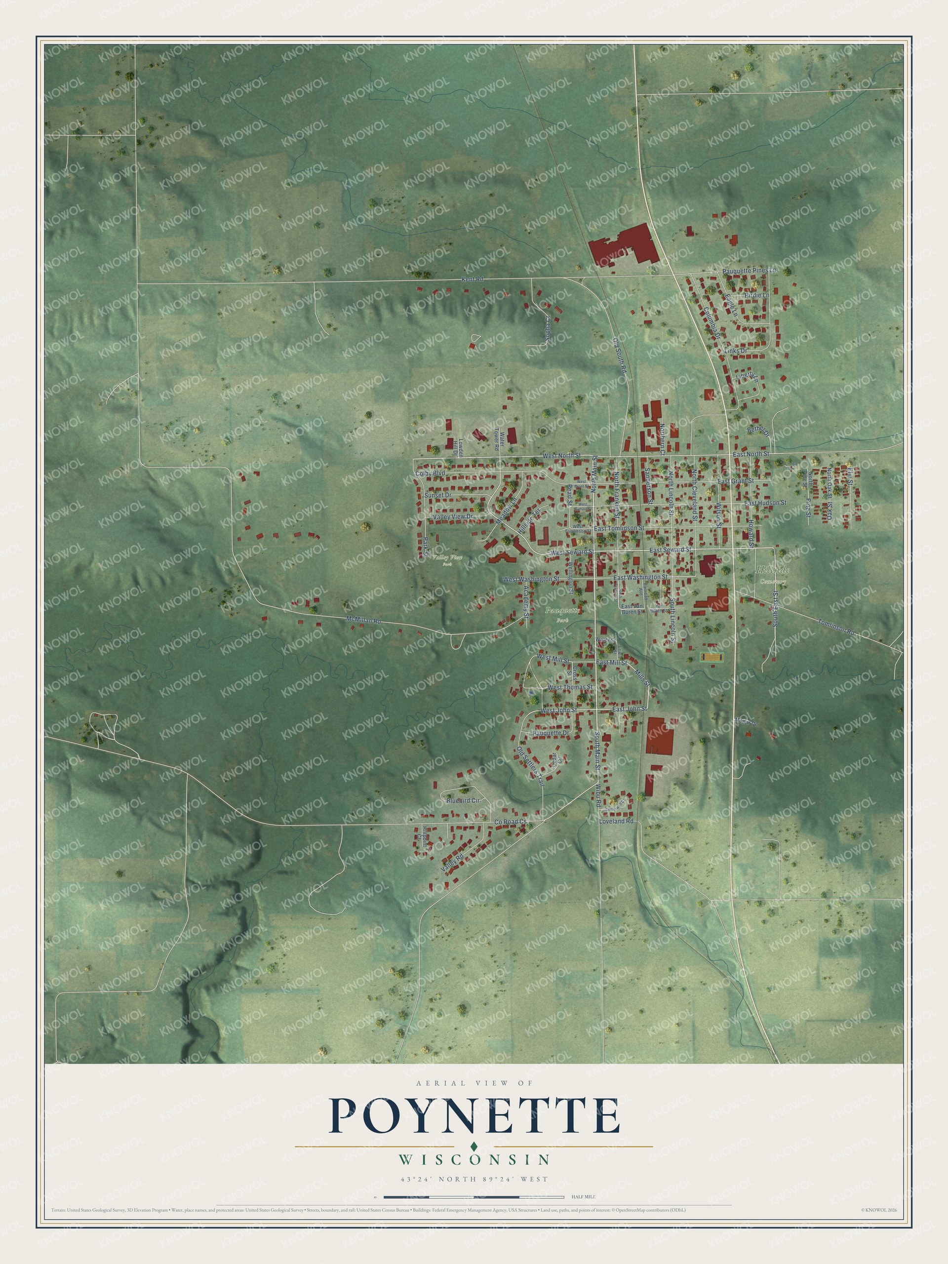 Full map of Poynette, Wisconsin, with red buildings, printed street names and the land around them