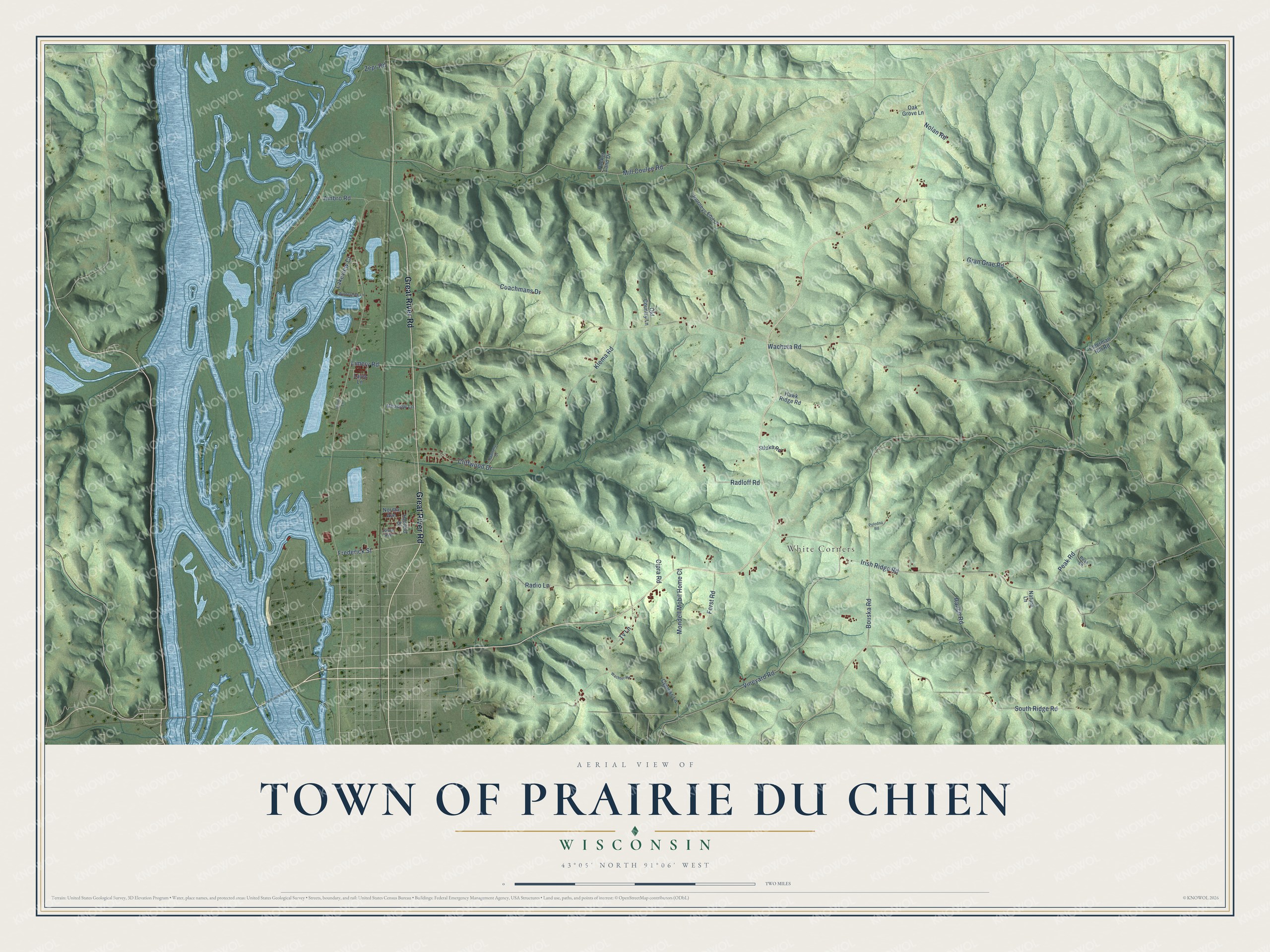 Full map of Prairie du Chien, Wisconsin, with red buildings, printed street names and the land around them