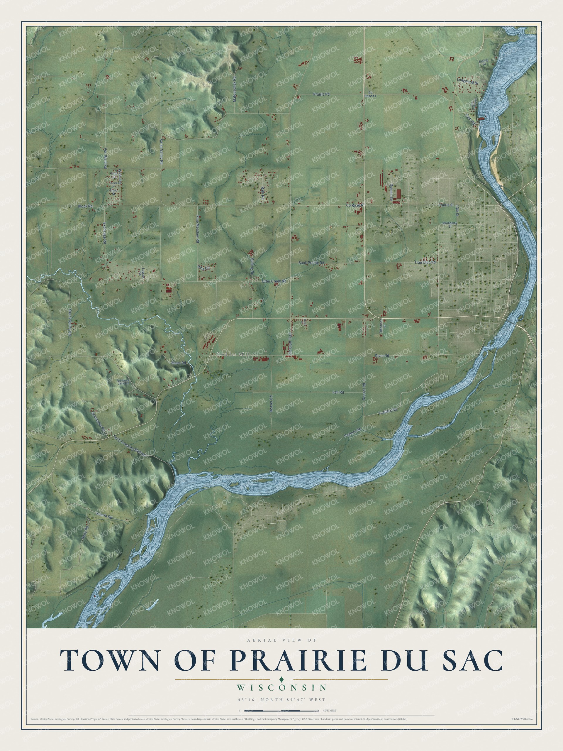 Full map of Prairie du Sac, Wisconsin, with red buildings, printed street names and the land around them