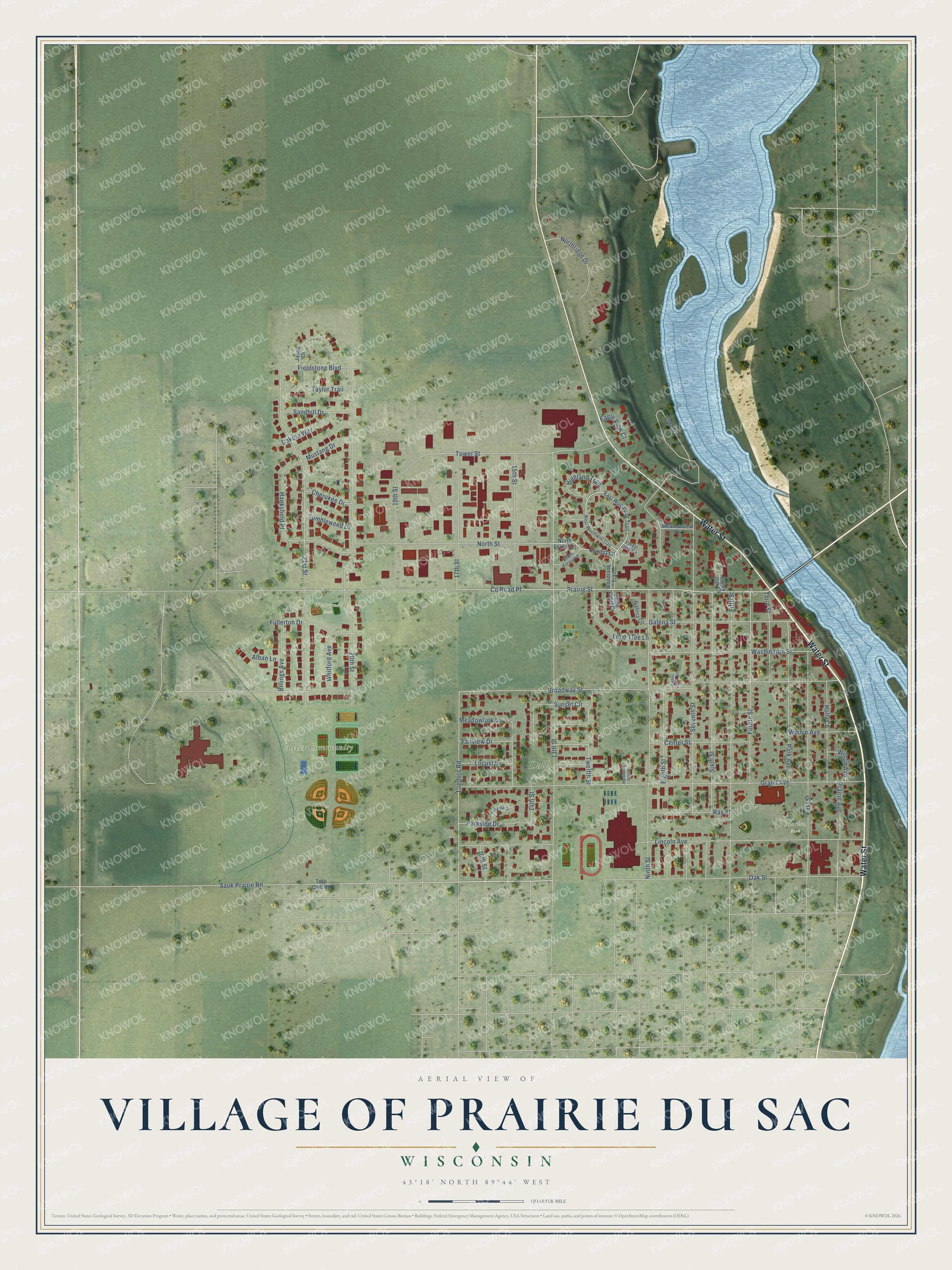Full map of Prairie du Sac, Wisconsin, with red buildings, printed street names and the land around them
