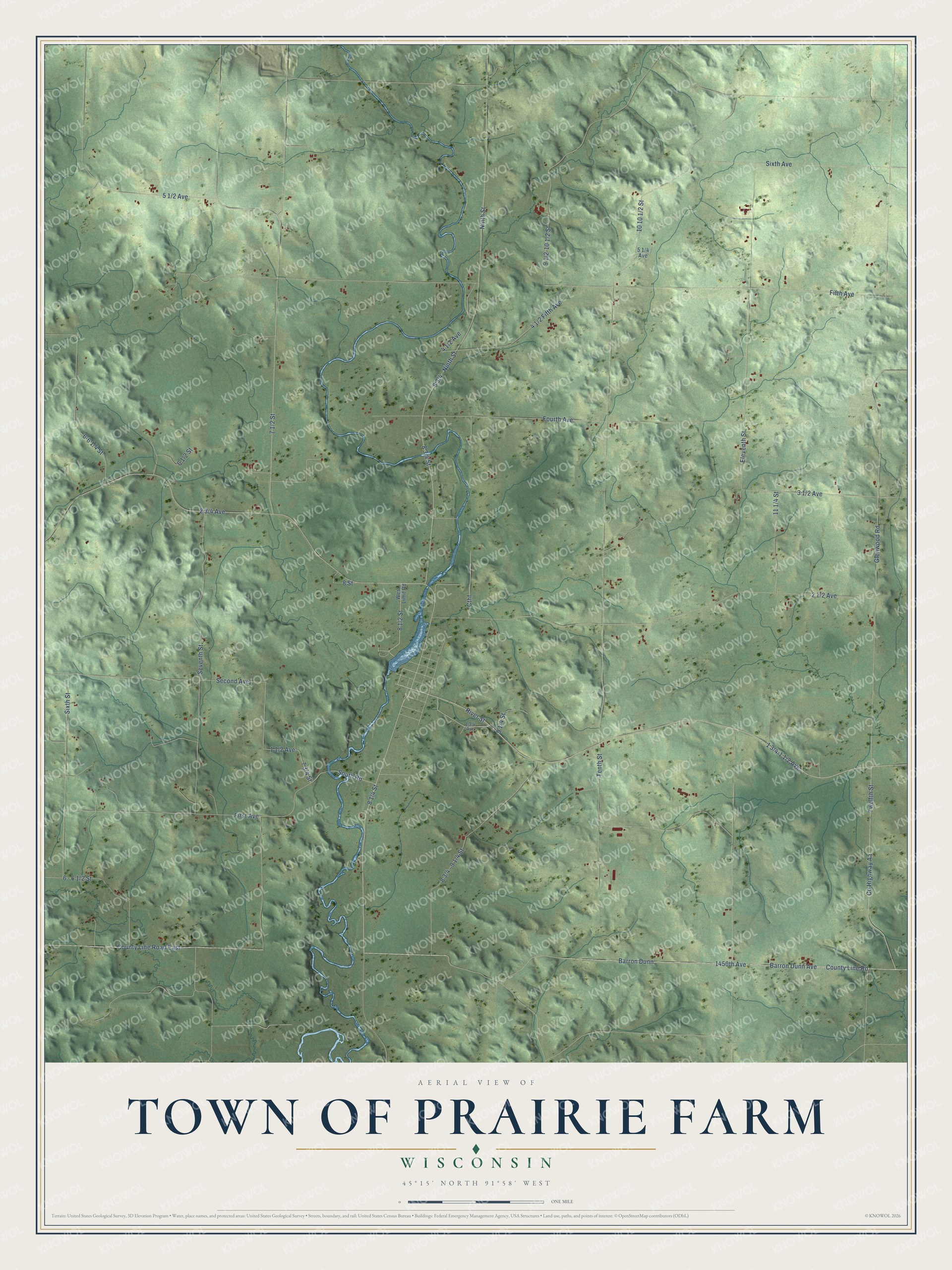 Full map of Prairie Farm, Wisconsin, with red buildings, printed street names and the land around them