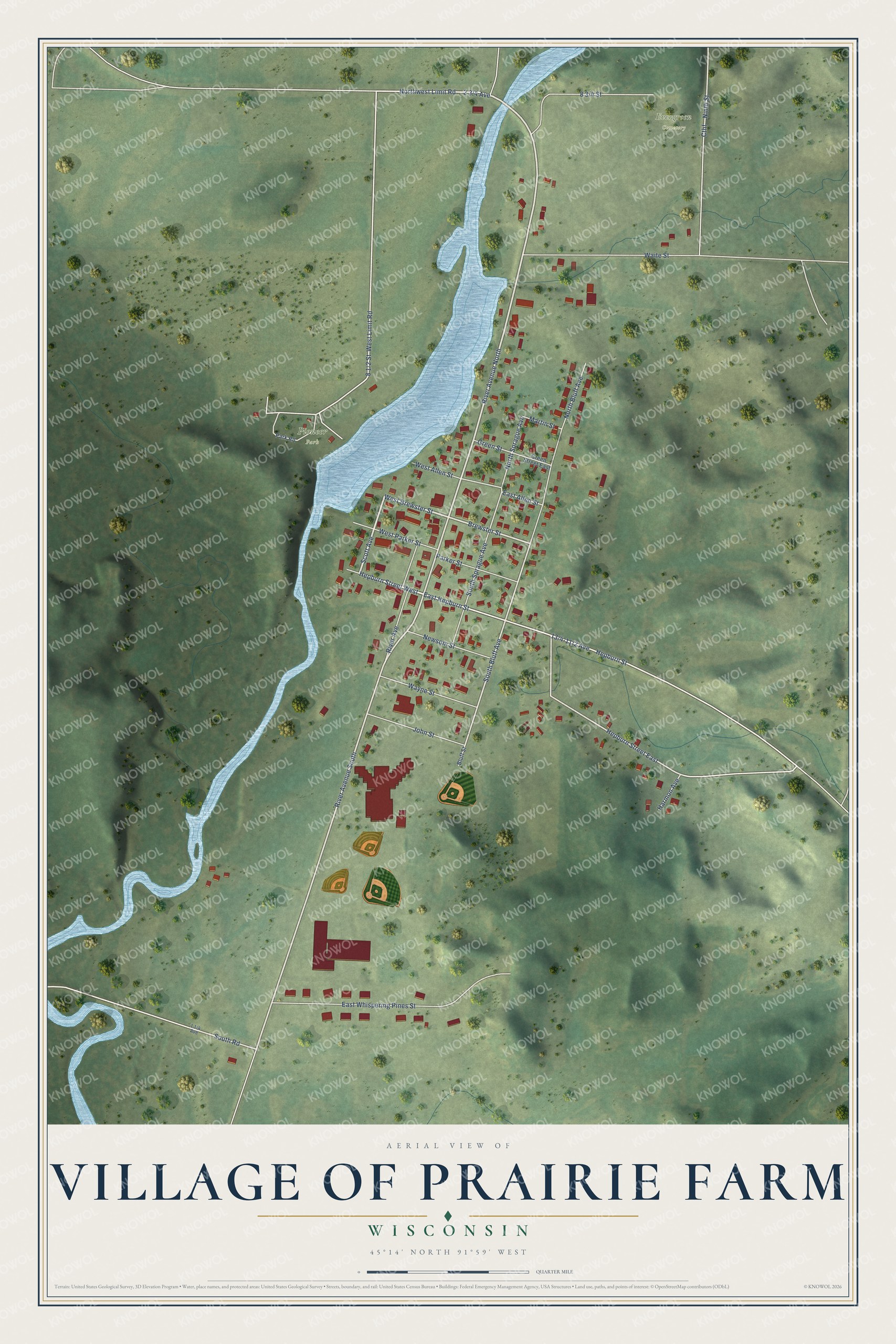 Full map of Prairie Farm, Wisconsin, with red buildings, printed street names and the land around them