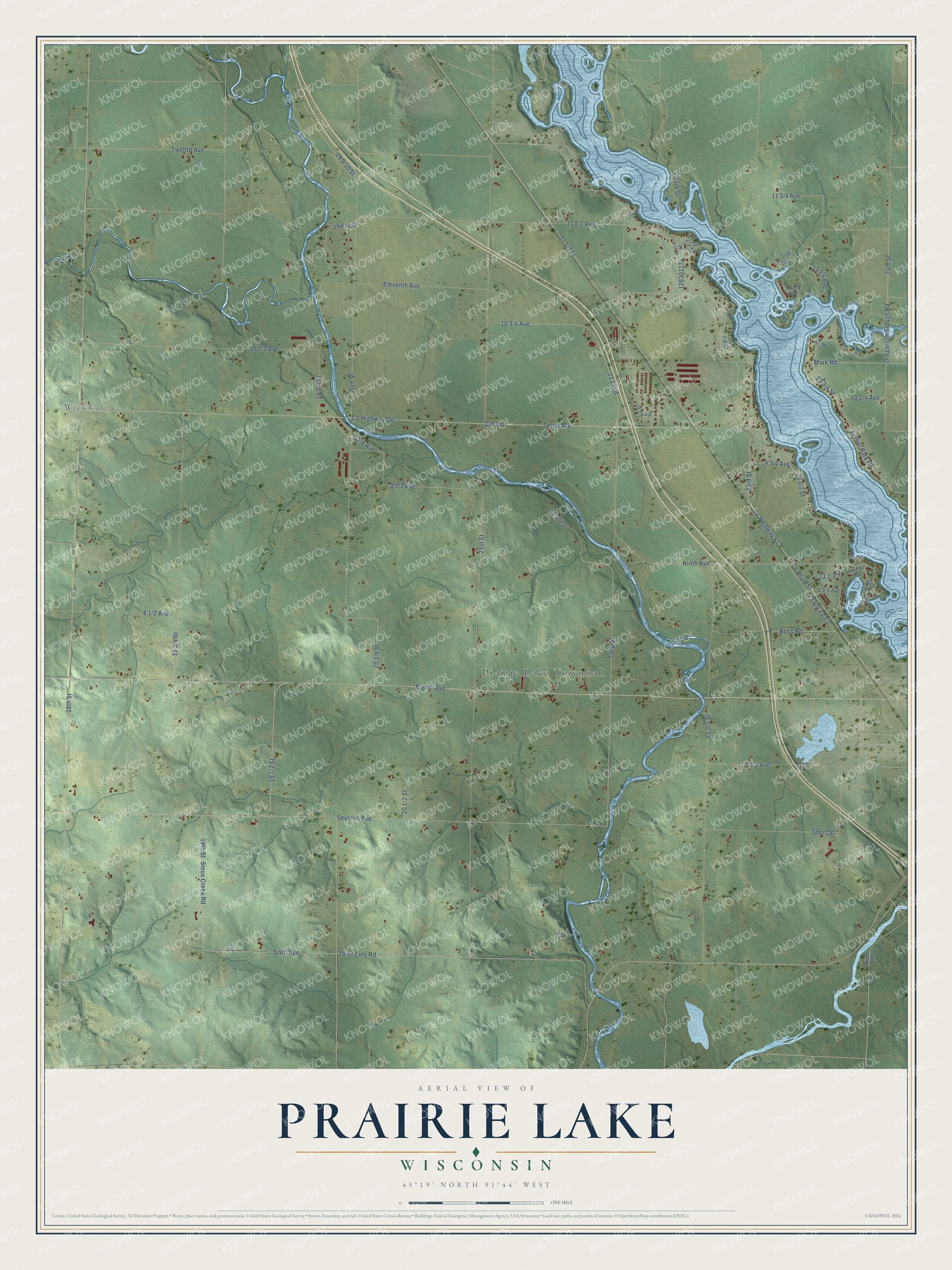 Full map of Prairie Lake, Wisconsin, with red buildings, printed street names and the land around them