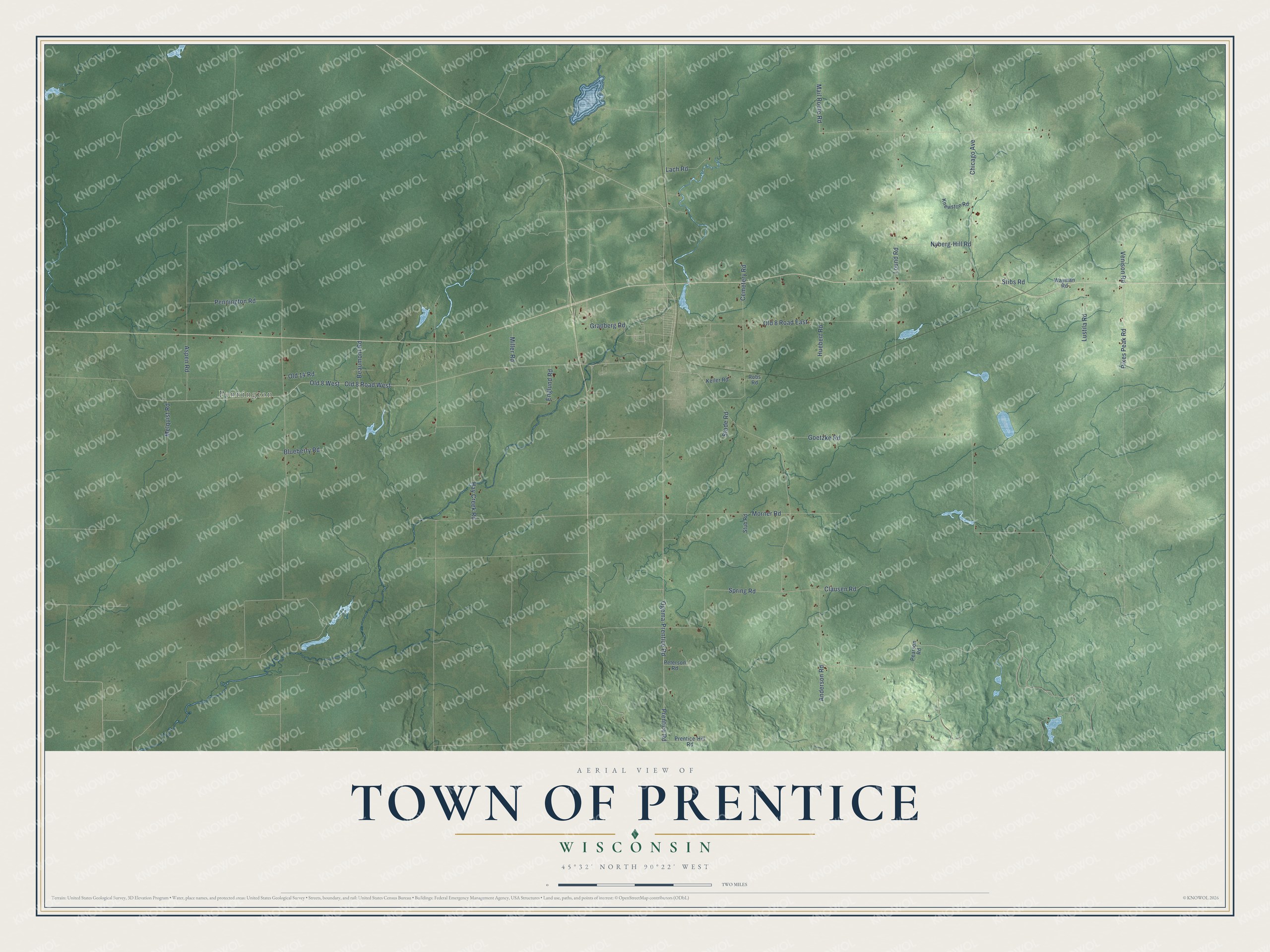 Full map of Prentice, Wisconsin, with red buildings, printed street names and the land around them