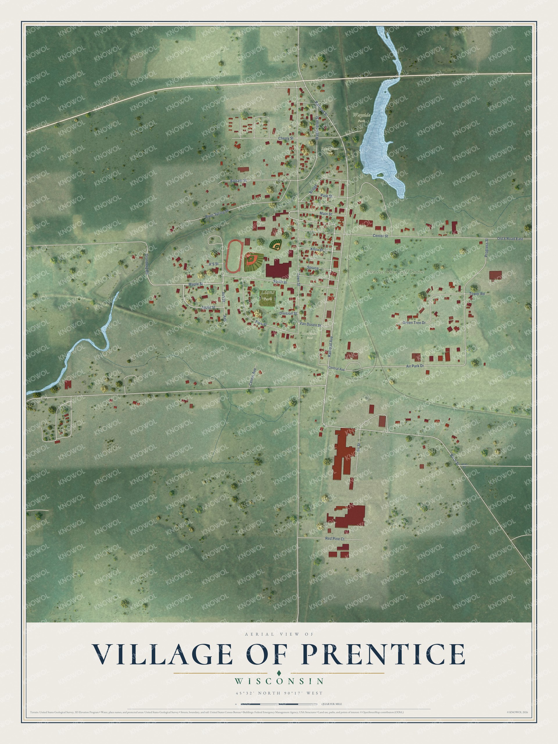 Full map of Prentice, Wisconsin, with red buildings, printed street names and the land around them
