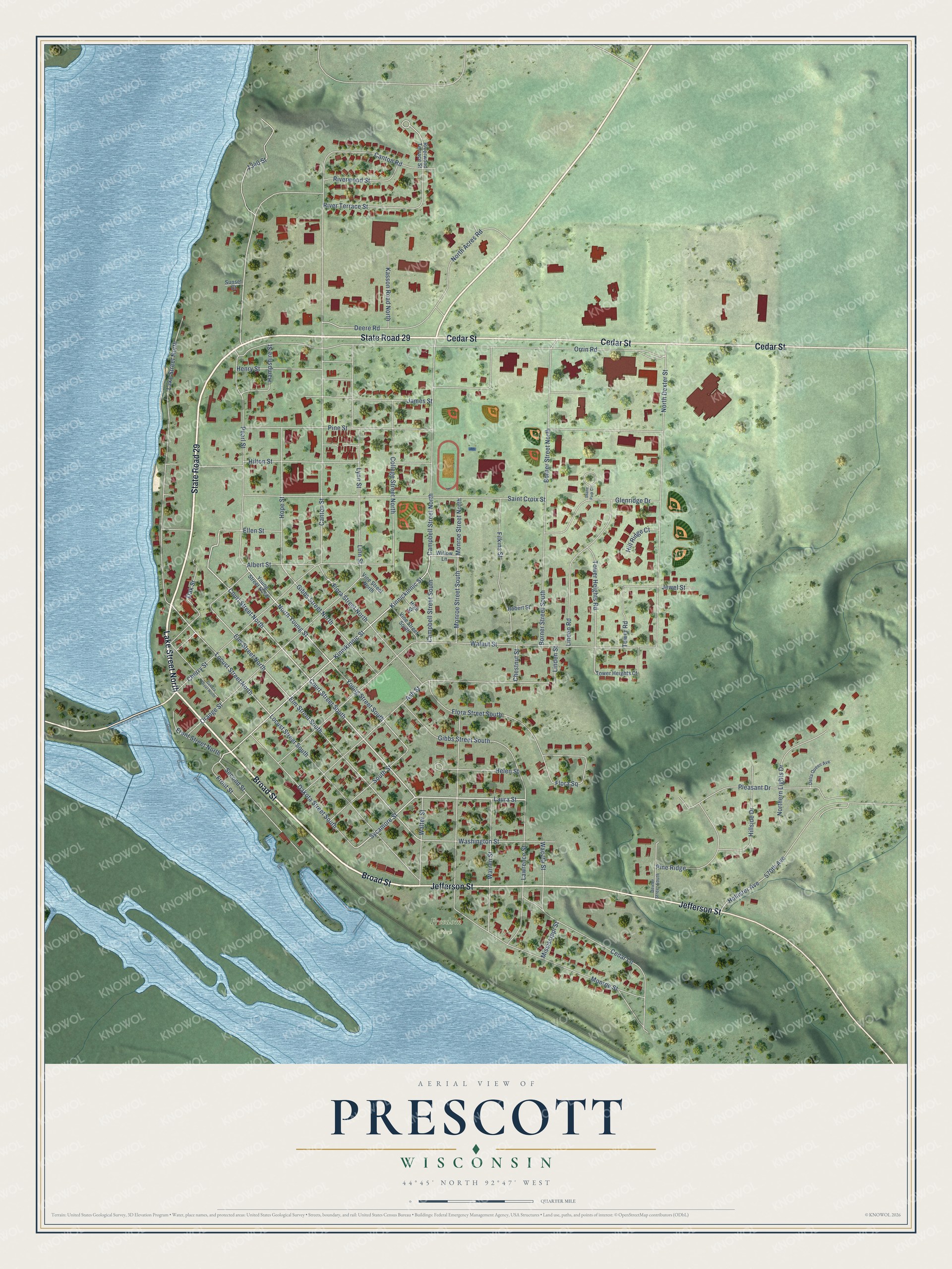 Full map of Prescott, Wisconsin, with red buildings, printed street names and the land around them