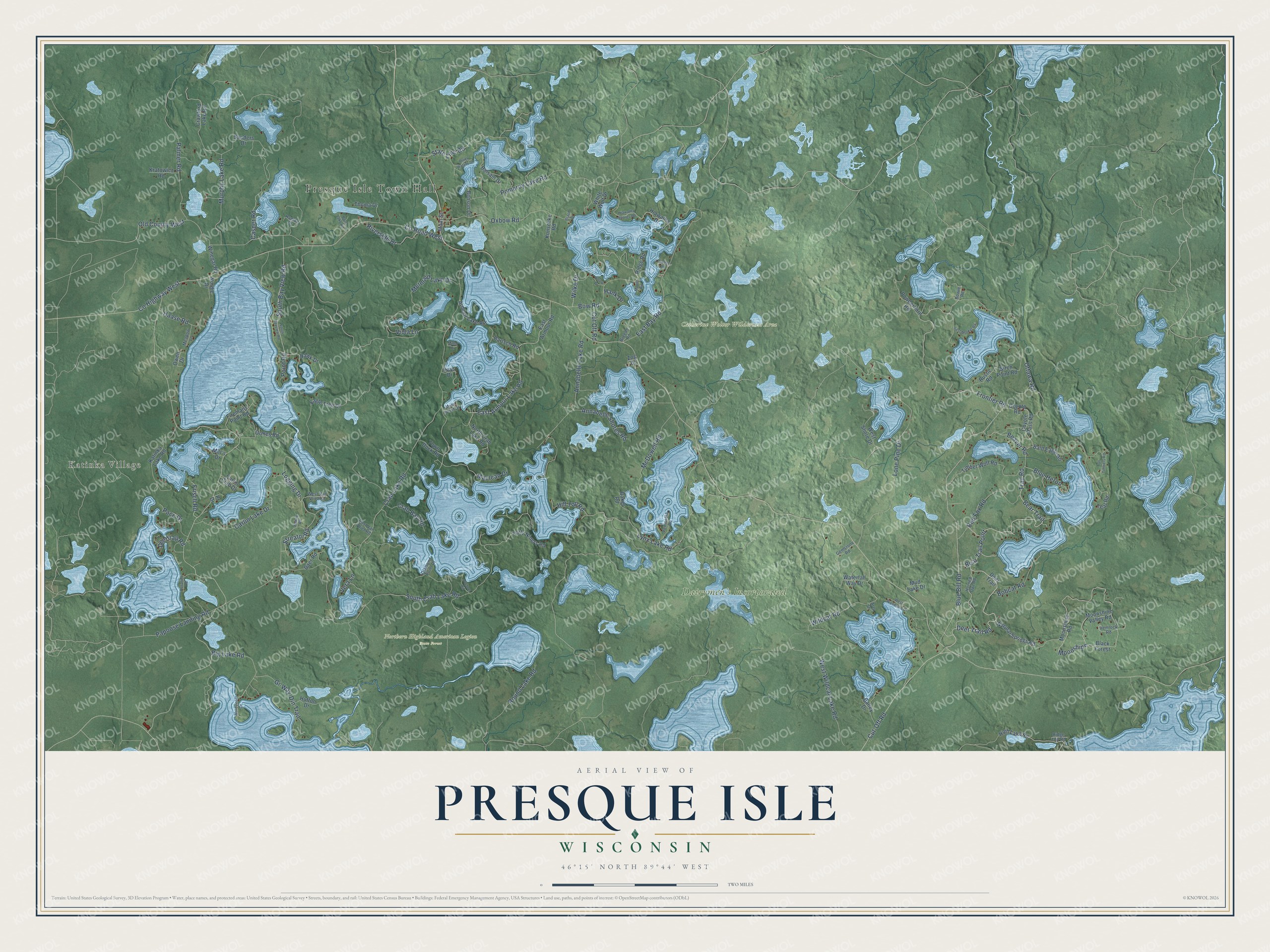 Full map of Presque Isle, Wisconsin, with red buildings, printed street names and the land around them