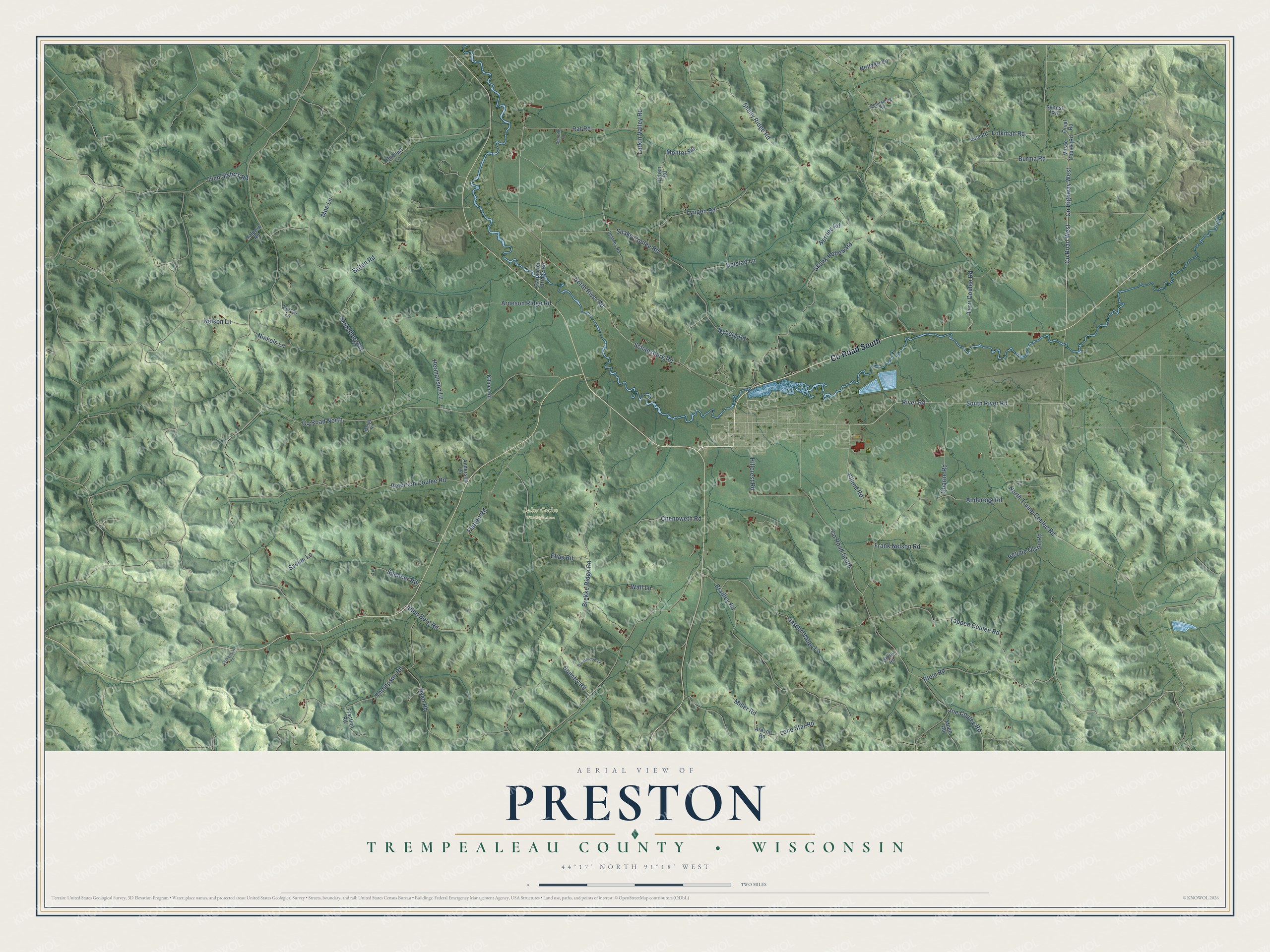 Full map of Preston, Wisconsin, with red buildings, printed street names and the land around them
