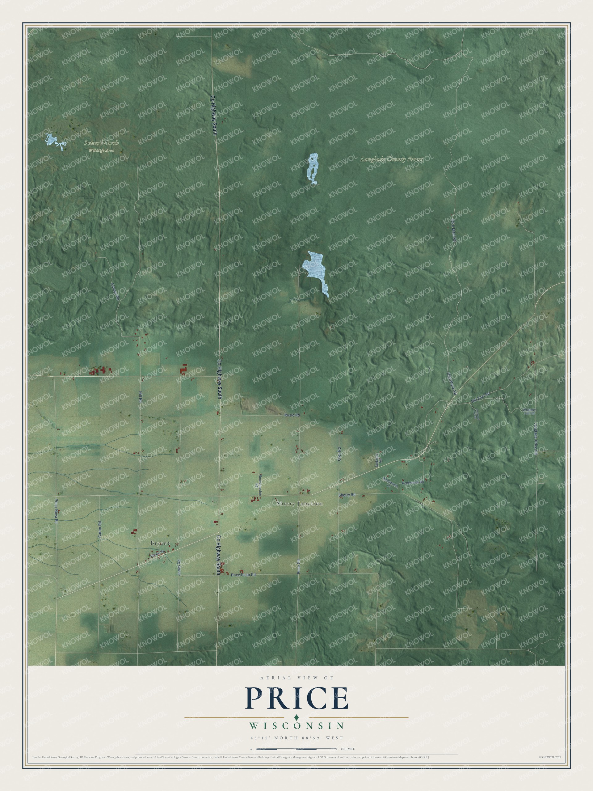 Full map of Price, Wisconsin, with red buildings, printed street names and the land around them