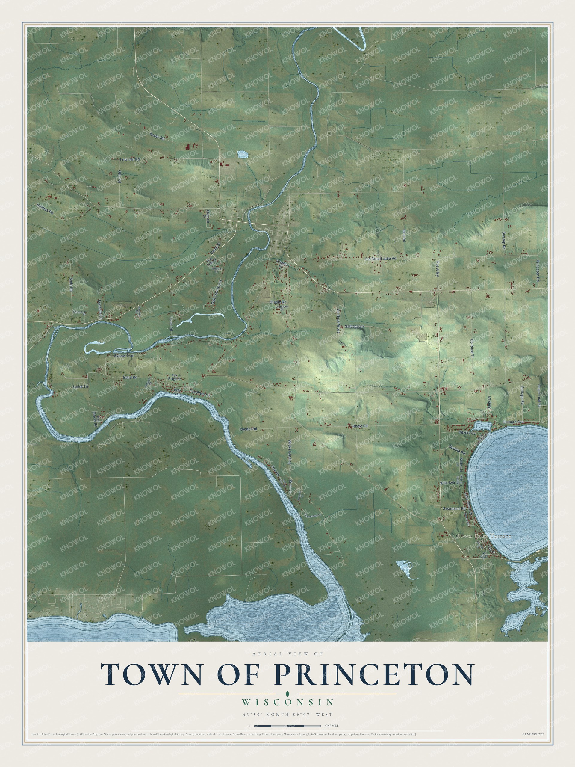 Full map of Princeton, Wisconsin, with red buildings, printed street names and the land around them