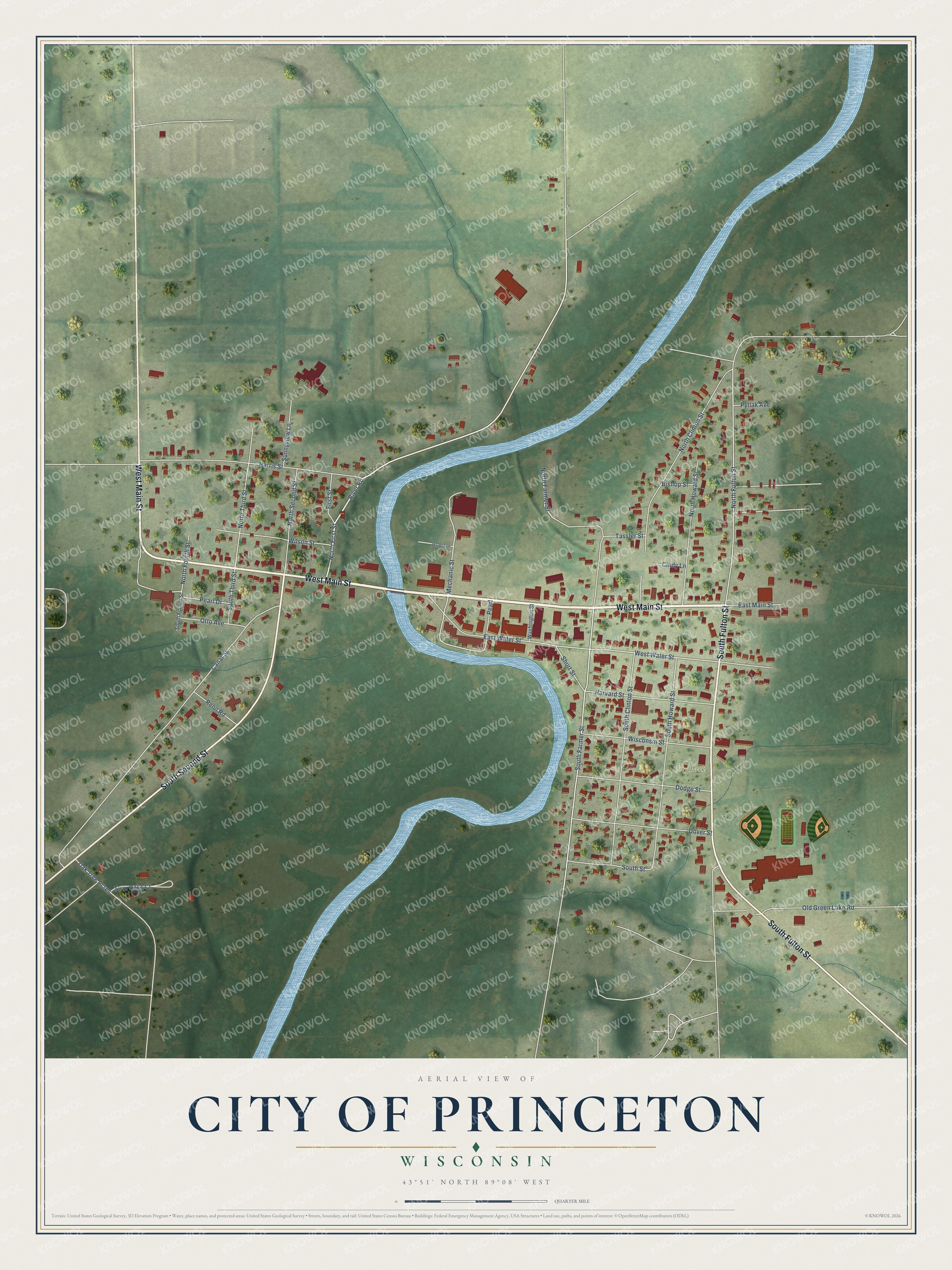 Full map of Princeton, Wisconsin, with red buildings, printed street names and the land around them