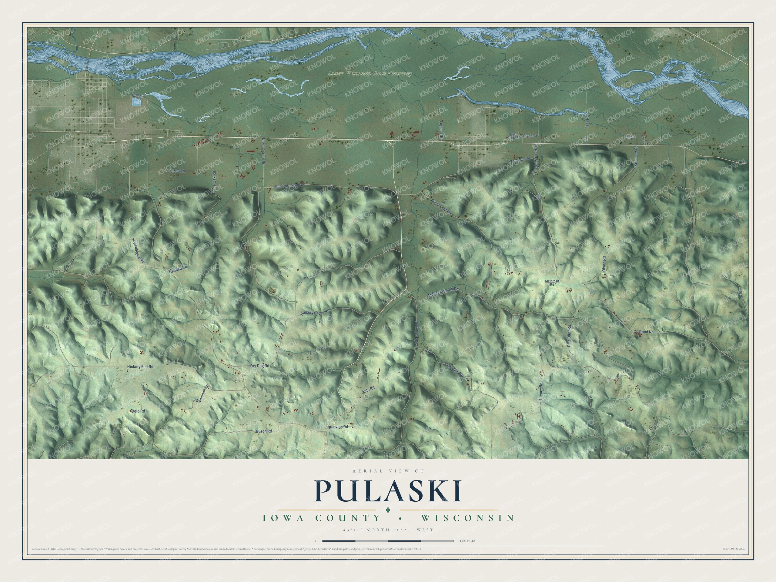 Full map of Pulaski, Wisconsin, with red buildings, printed street names and the land around them