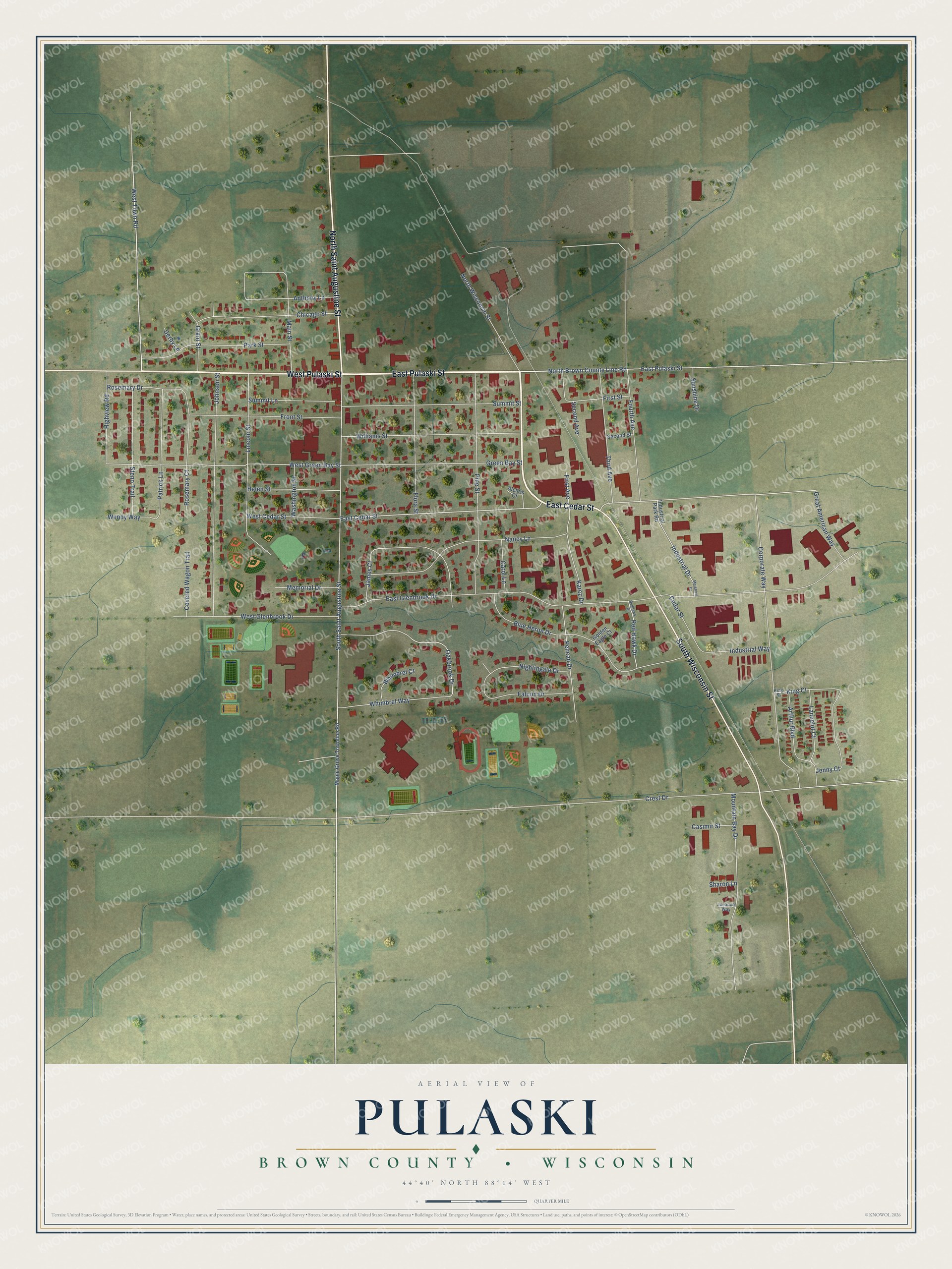 Full map of Pulaski, Wisconsin, with red buildings, printed street names and the land around them