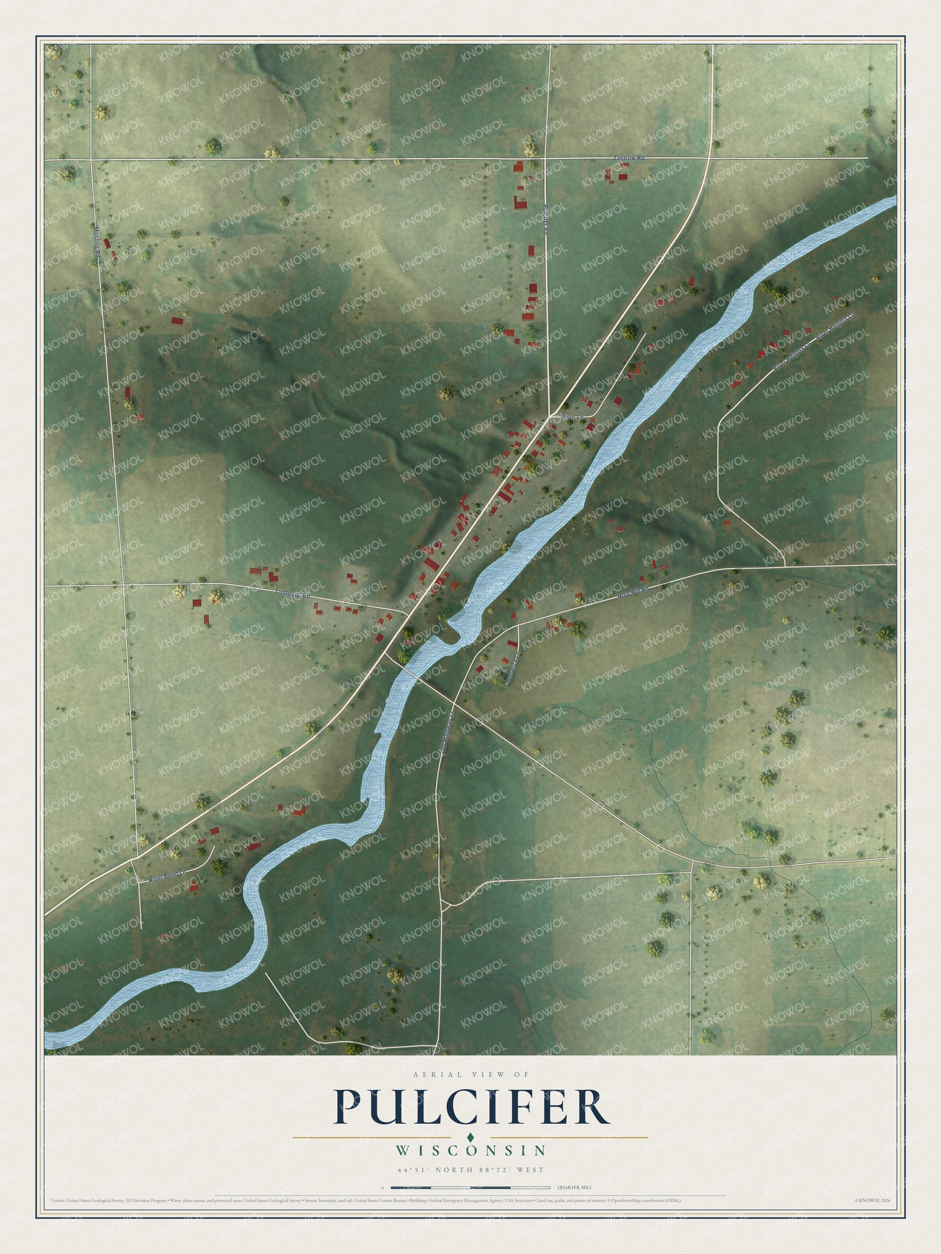 Full map of Pulcifer, Wisconsin, with red buildings, printed street names and the land around them