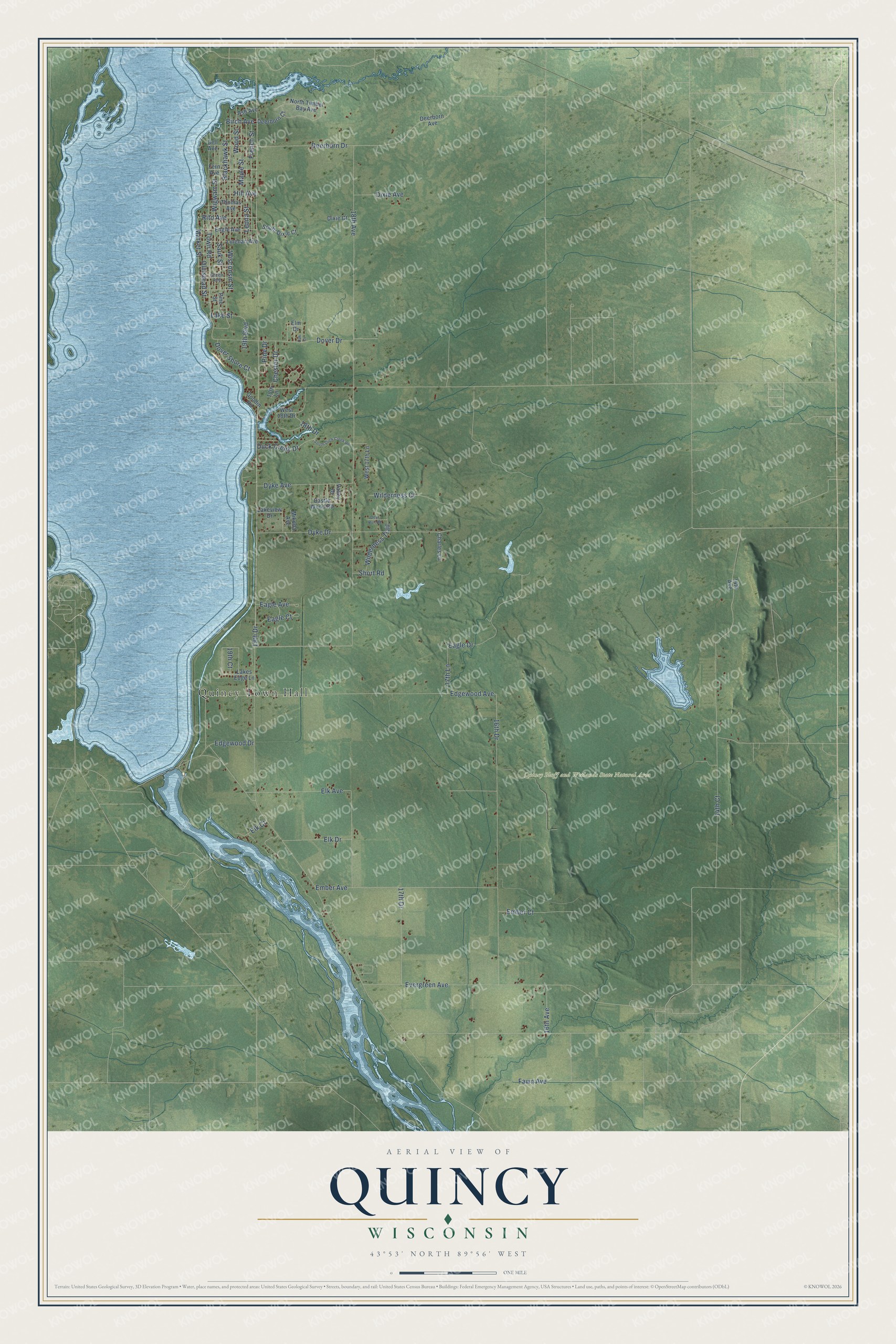 Full map of Quincy, Wisconsin, with red buildings, printed street names and the land around them