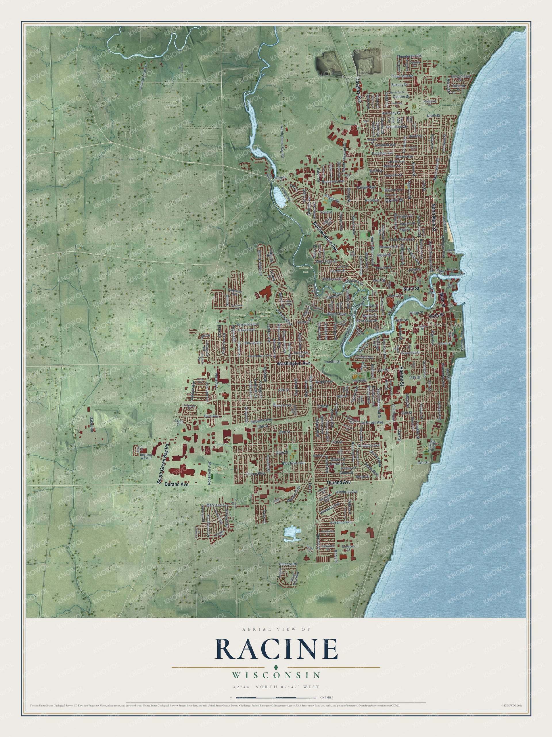 Full map of Racine, Wisconsin, with red buildings, printed street names and the land around them