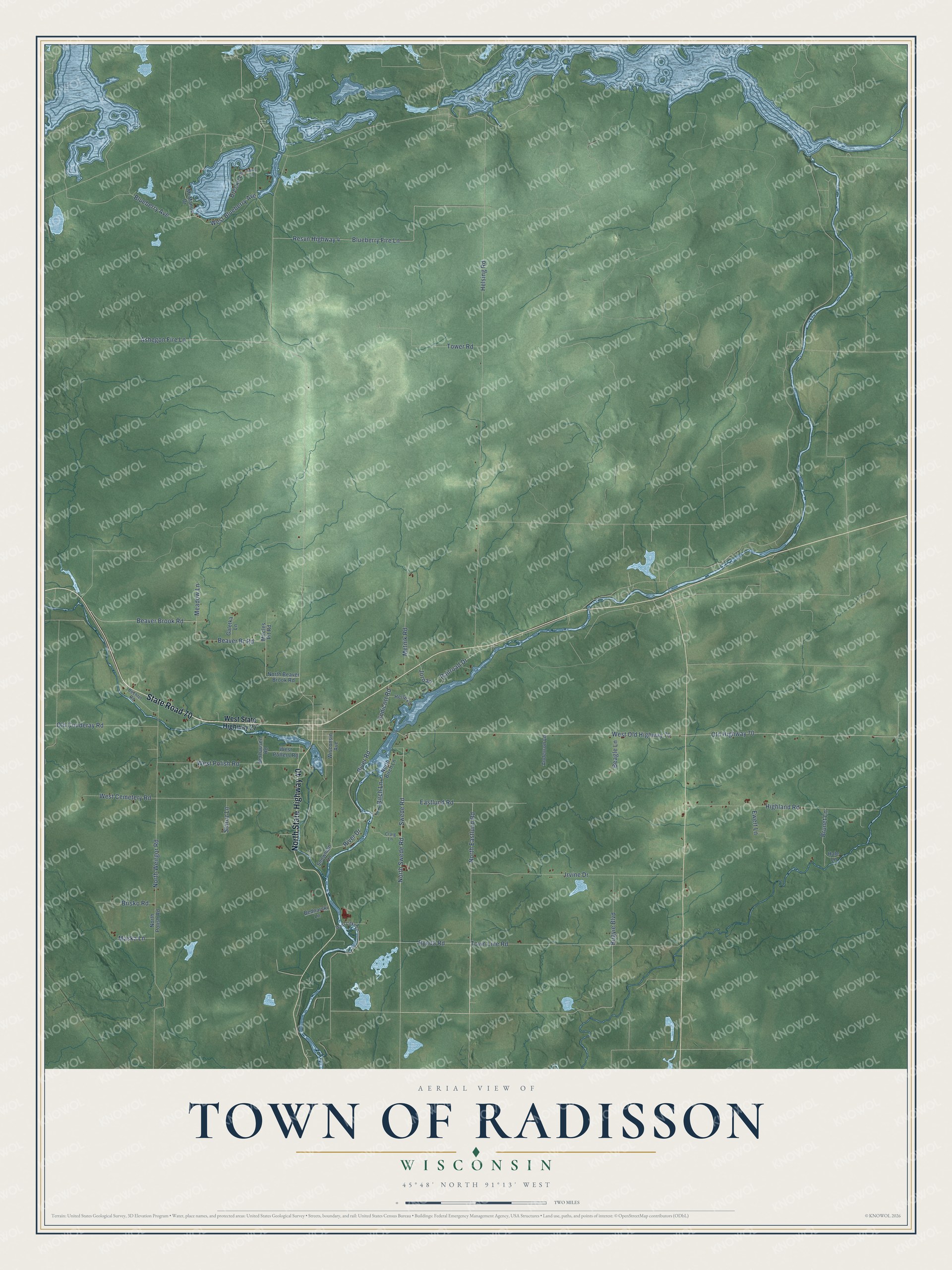 Full map of Radisson, Wisconsin, with red buildings, printed street names and the land around them