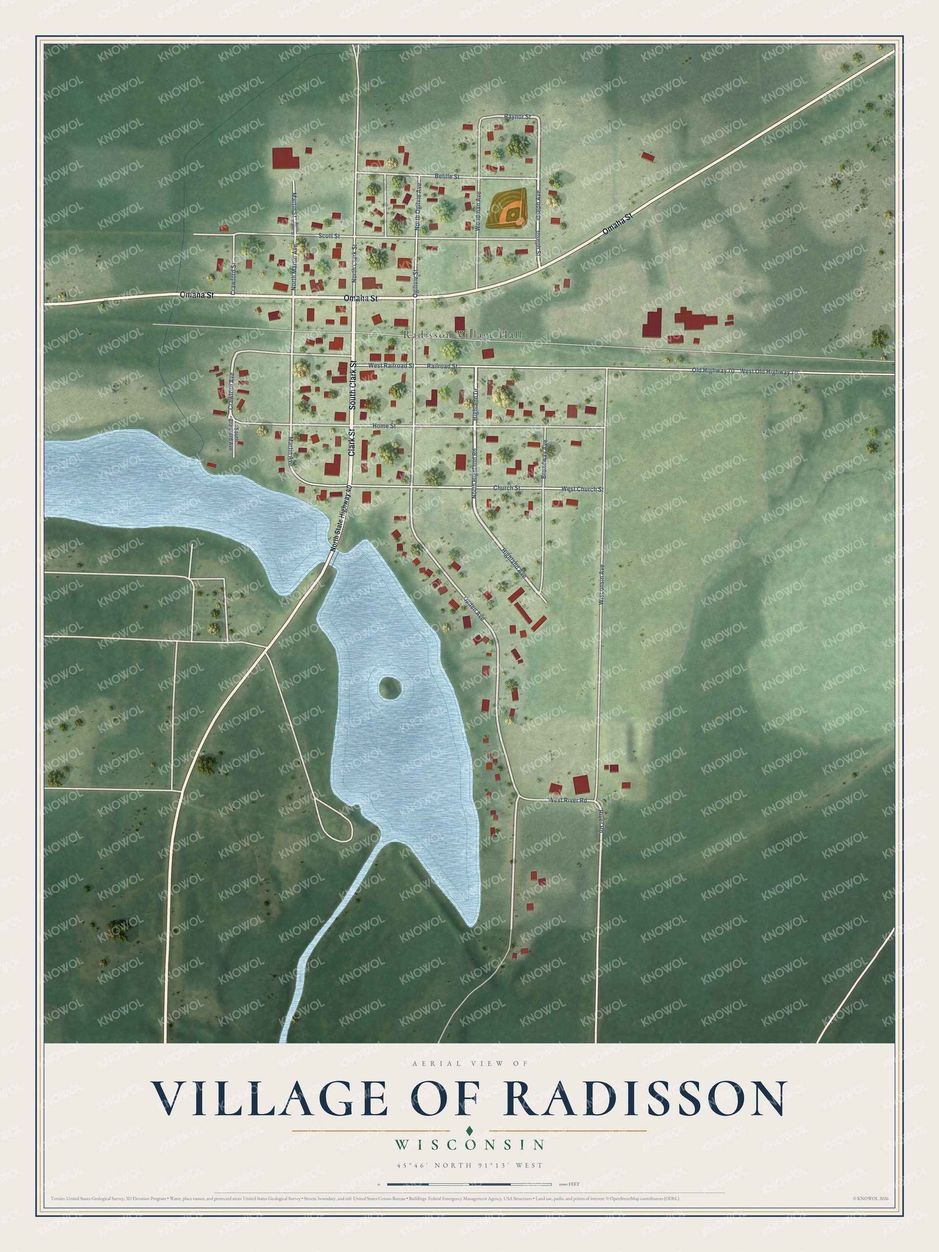 Full map of Radisson, Wisconsin, with red buildings, printed street names and the land around them