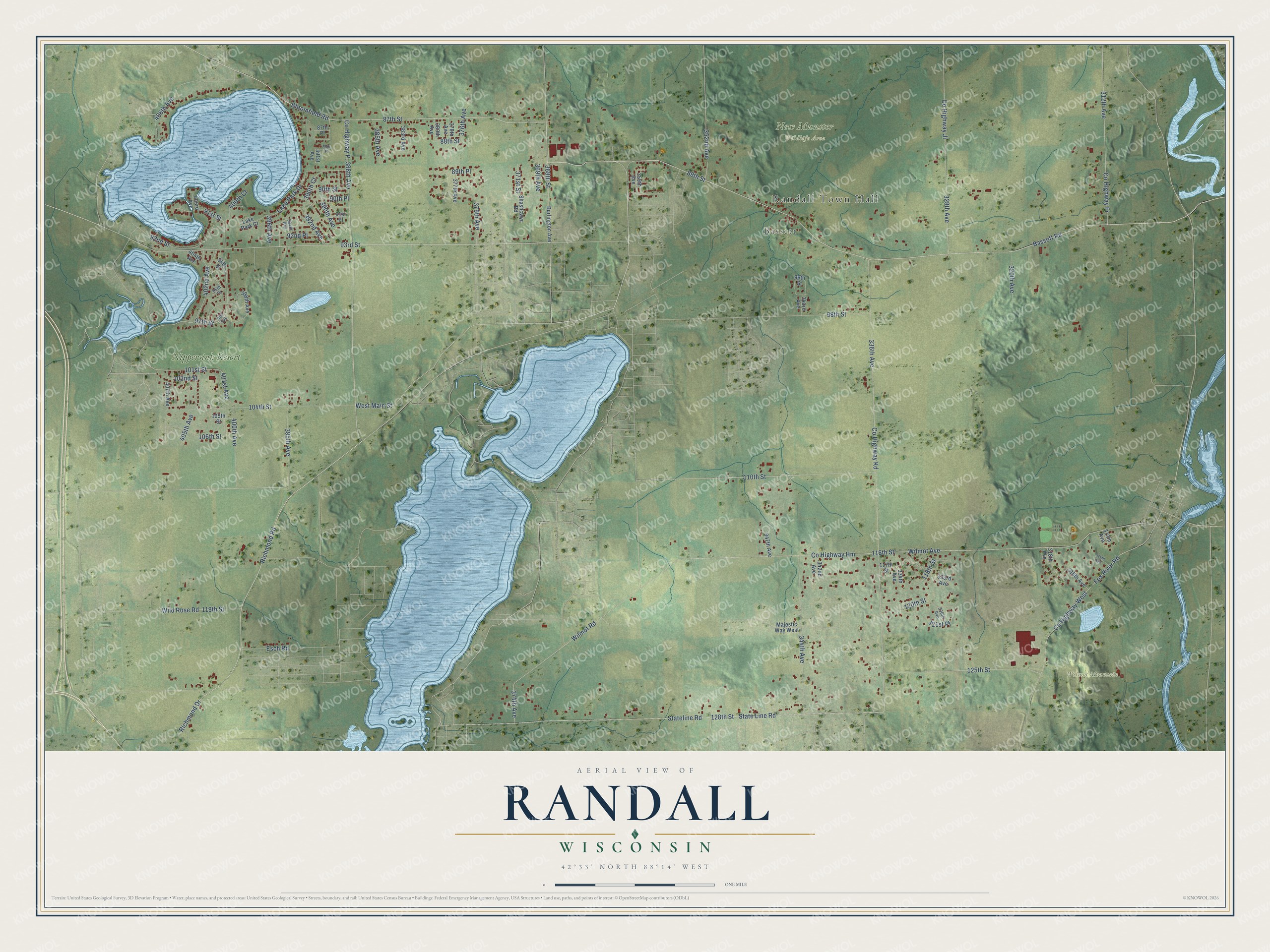 Full map of Randall, Wisconsin, with red buildings, printed street names and the land around them