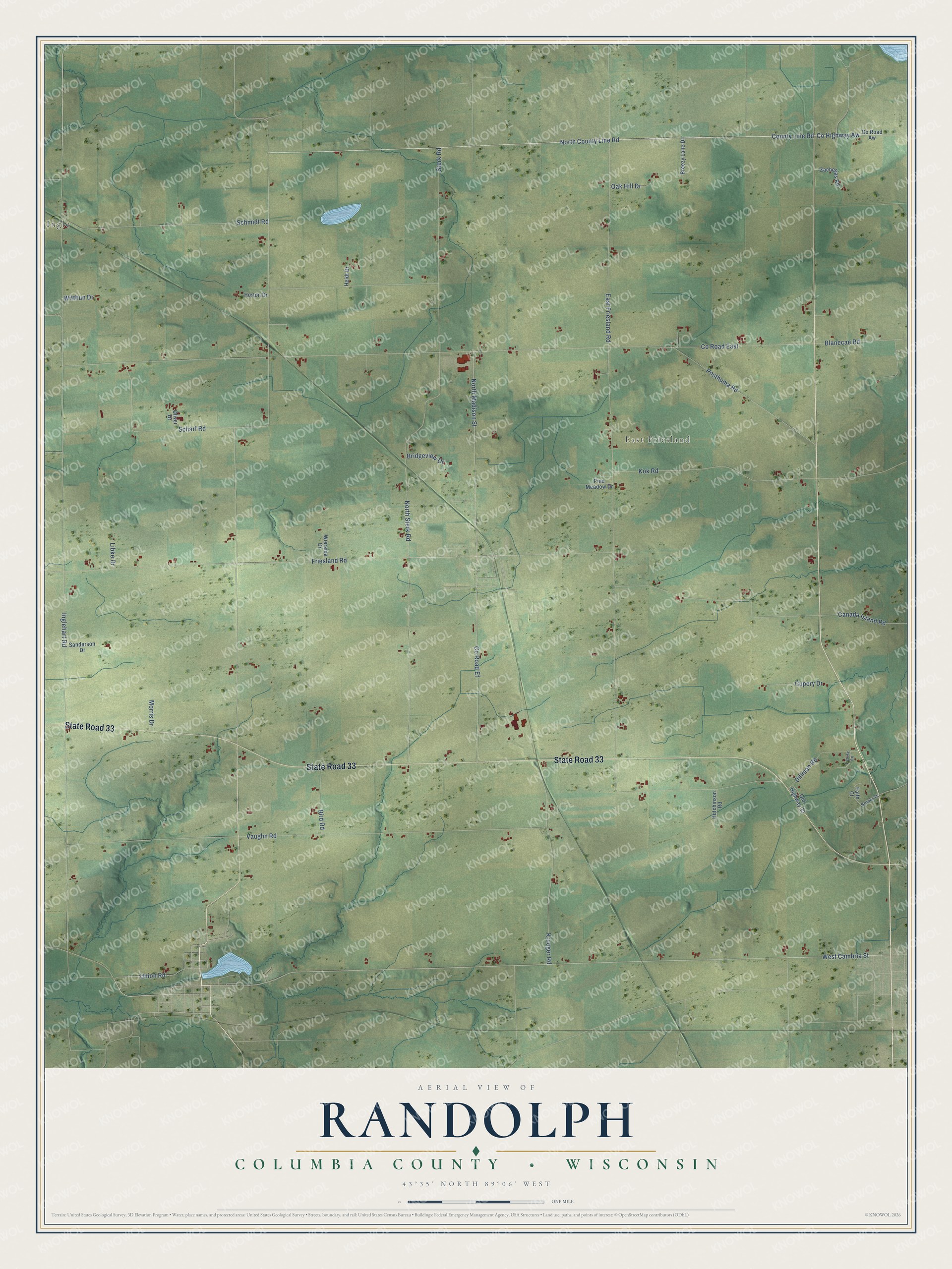 Full map of Randolph, Wisconsin, with red buildings, printed street names and the land around them