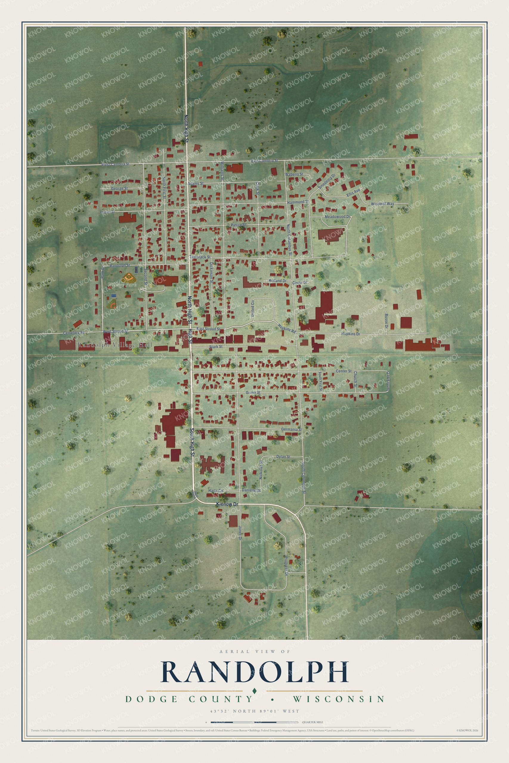 Full map of Randolph, Wisconsin, with red buildings, printed street names and the land around them