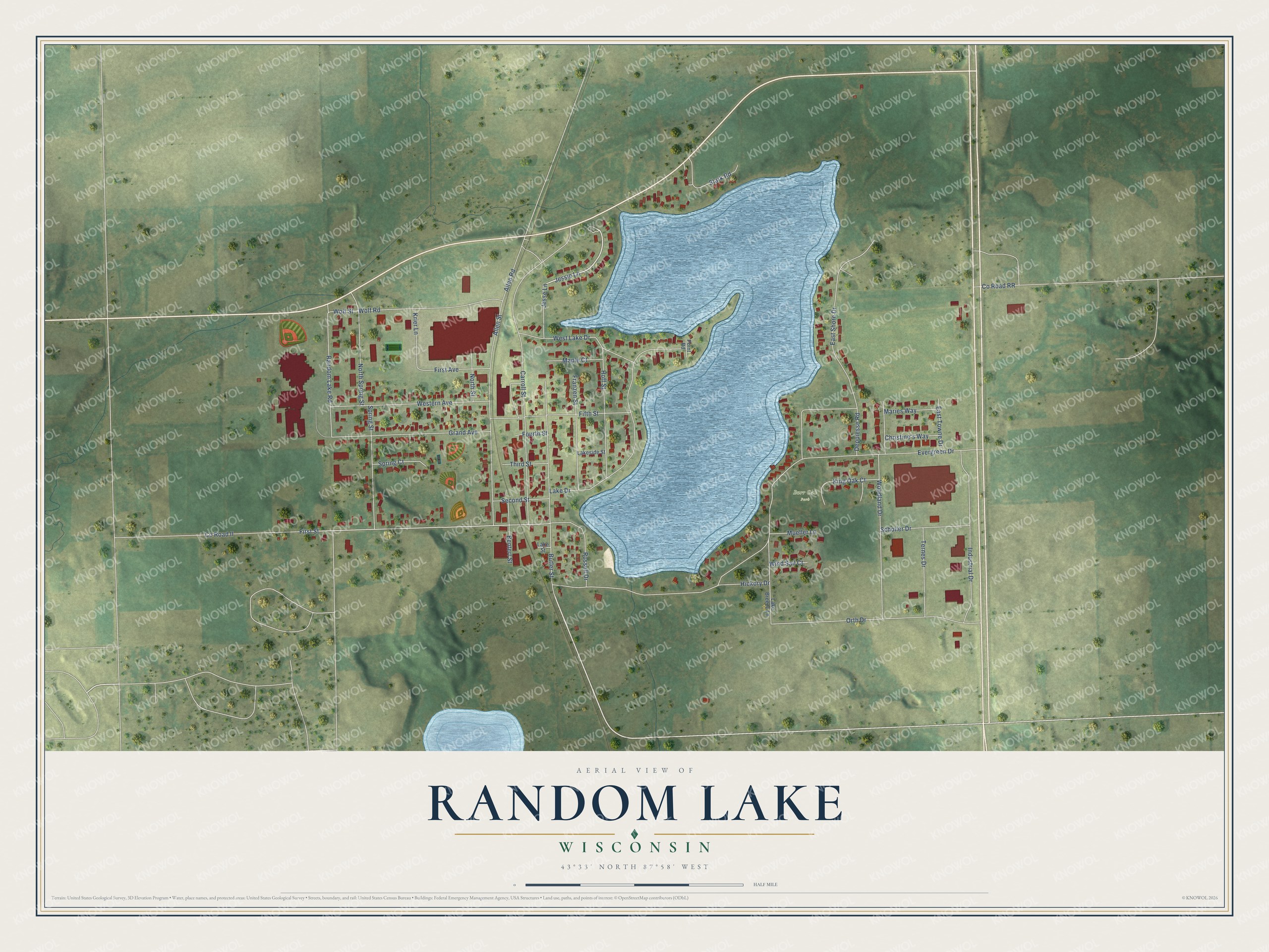 Full map of Random Lake, Wisconsin, with red buildings, printed street names and the land around them