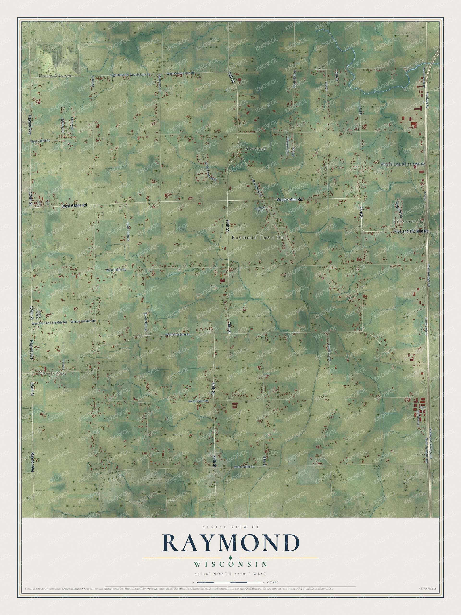 Full map of Raymond, Wisconsin, with red buildings, printed street names and the land around them