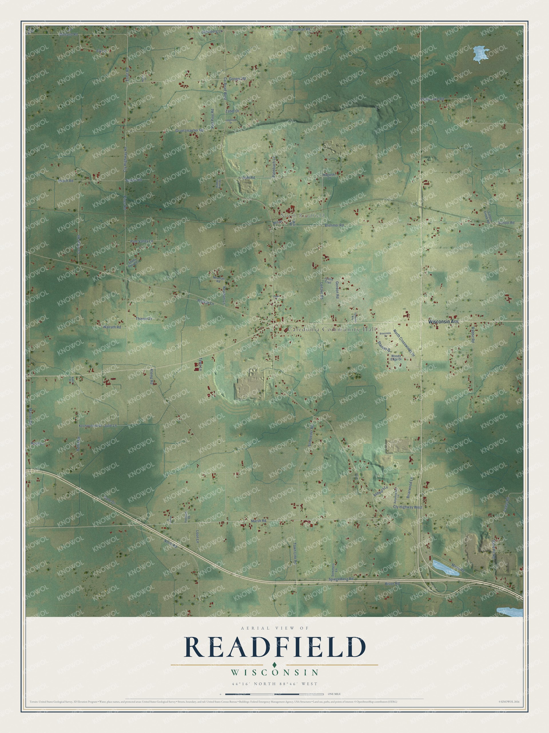 Full map of Readfield, Wisconsin, with red buildings, printed street names and the land around them
