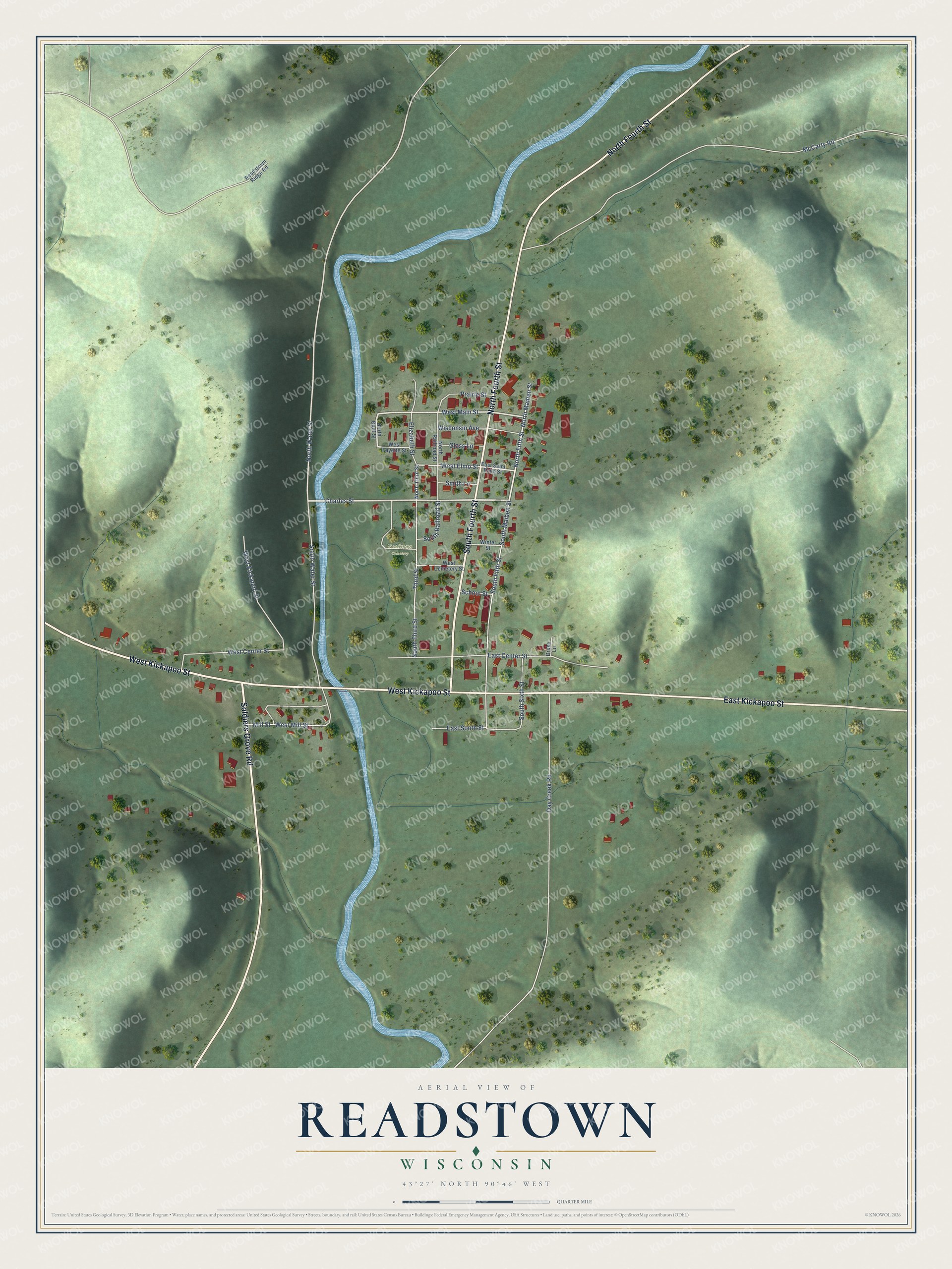 Full map of Readstown, Wisconsin, with red buildings, printed street names and the land around them