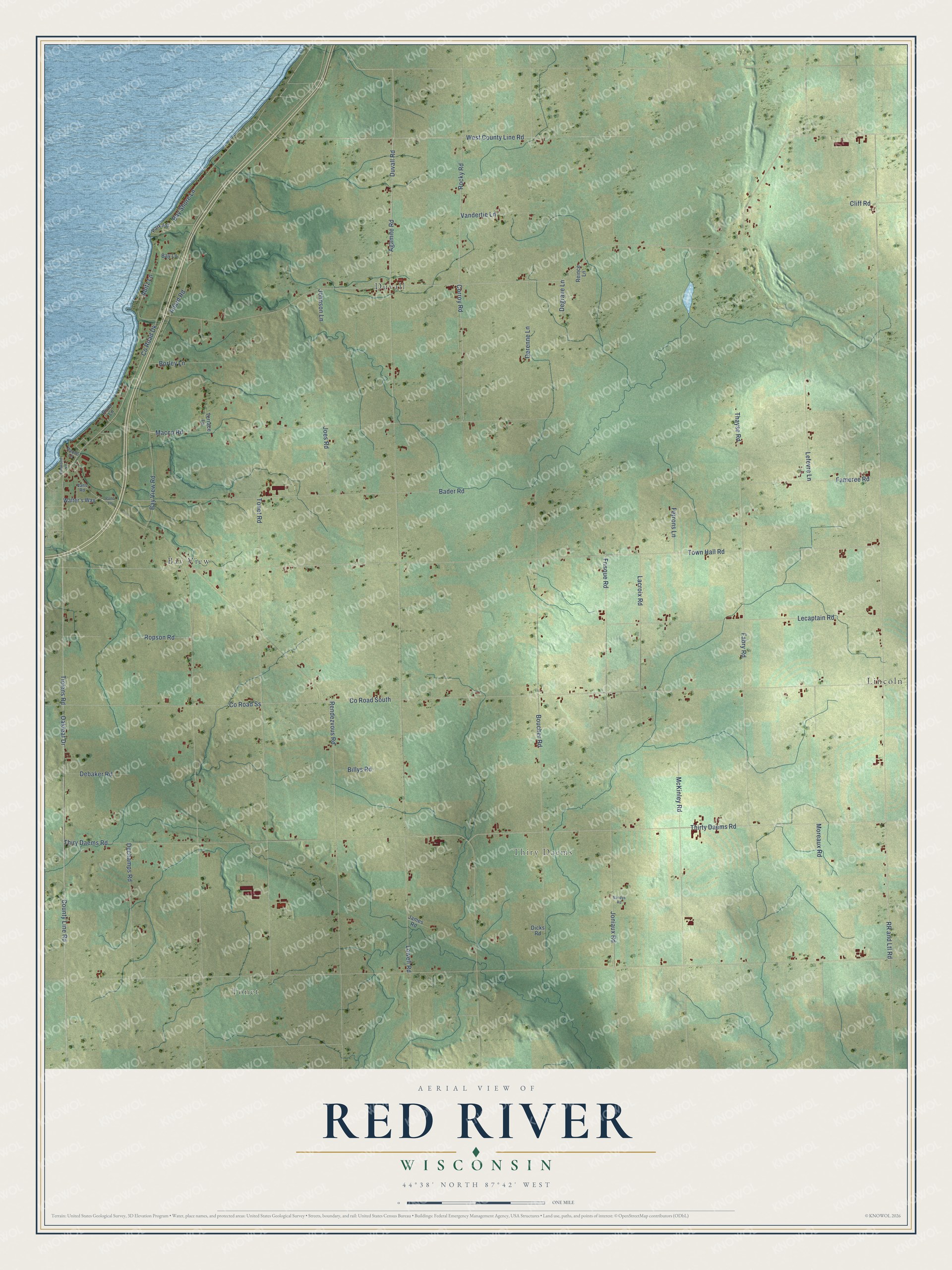 Full map of Red River, Wisconsin, with red buildings, printed street names and the land around them