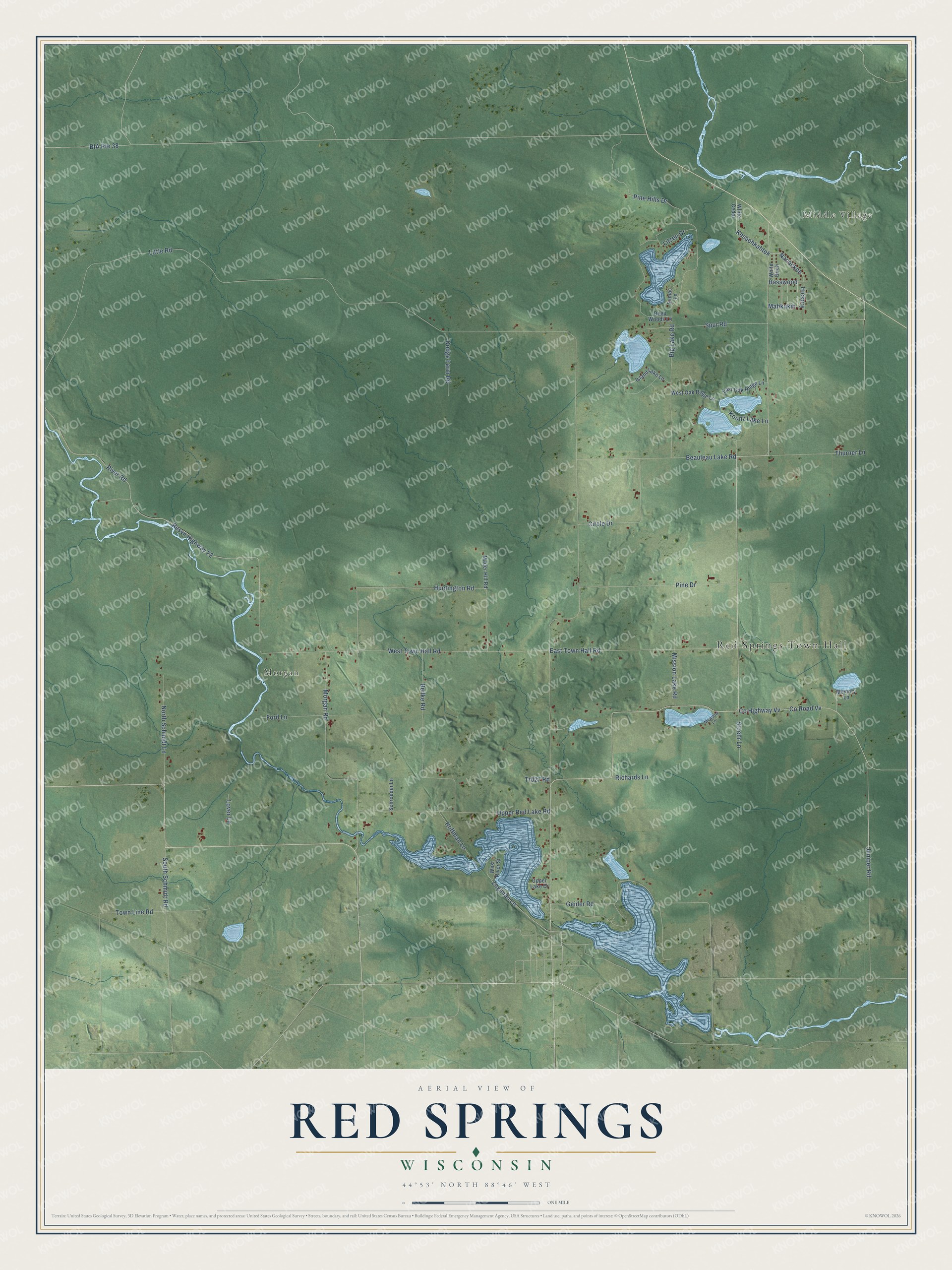 Full map of Red Springs, Wisconsin, with red buildings, printed street names and the land around them