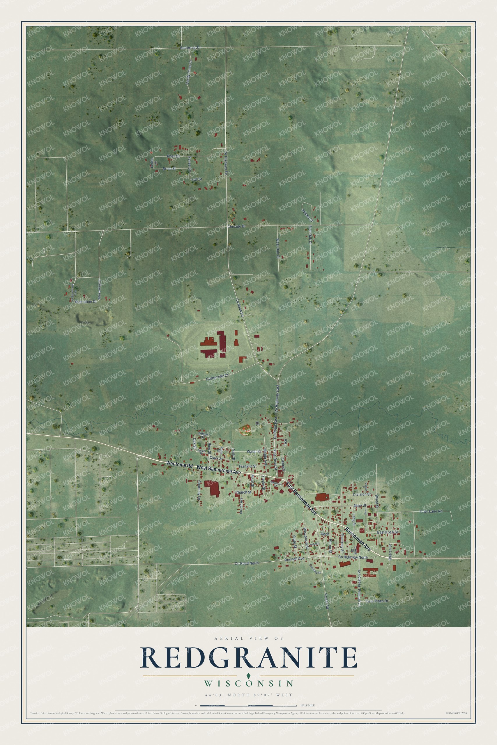 Full map of Redgranite, Wisconsin, with red buildings, printed street names and the land around them