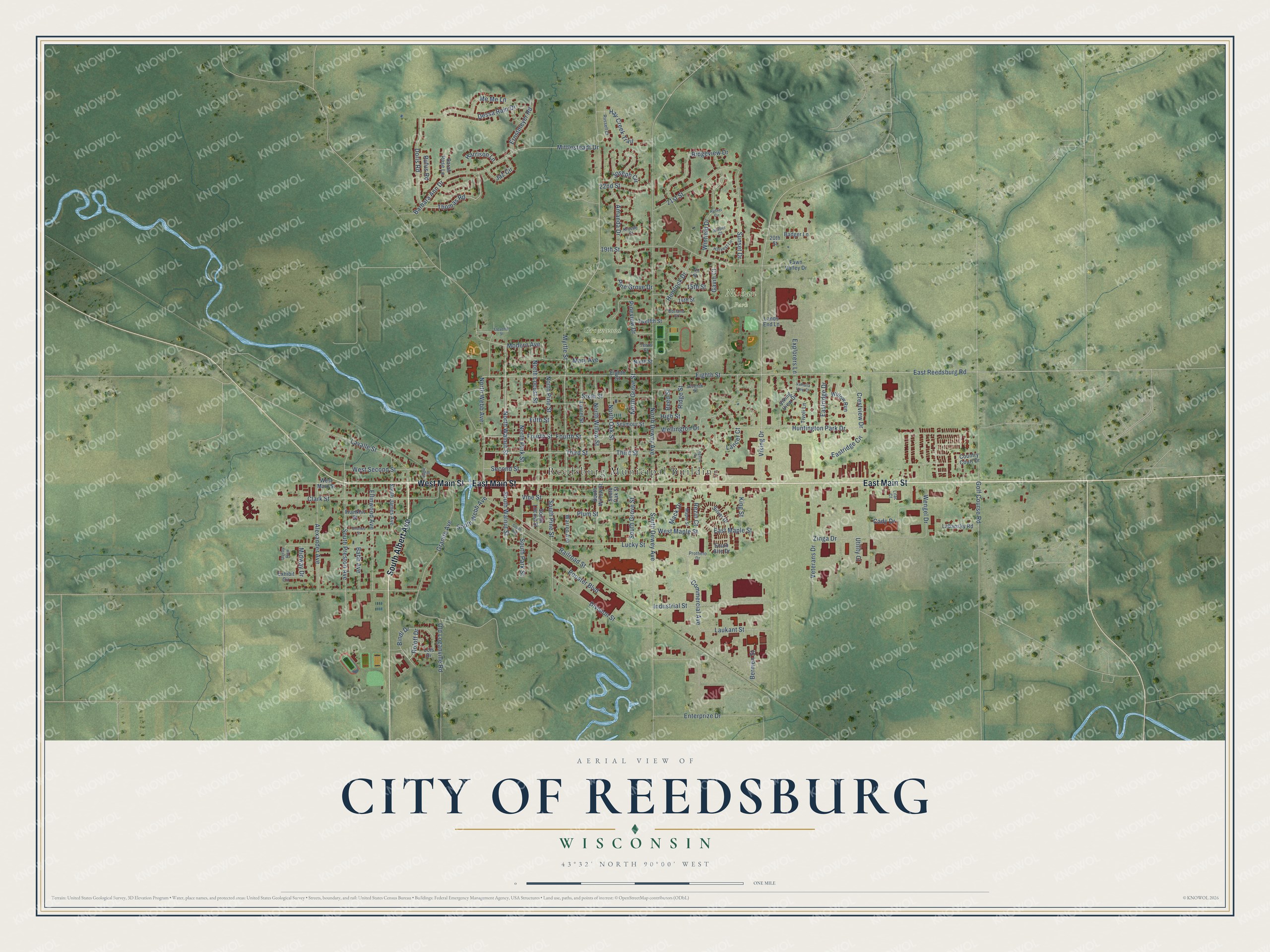Full map of Reedsburg, Wisconsin, with red buildings, printed street names and the land around them