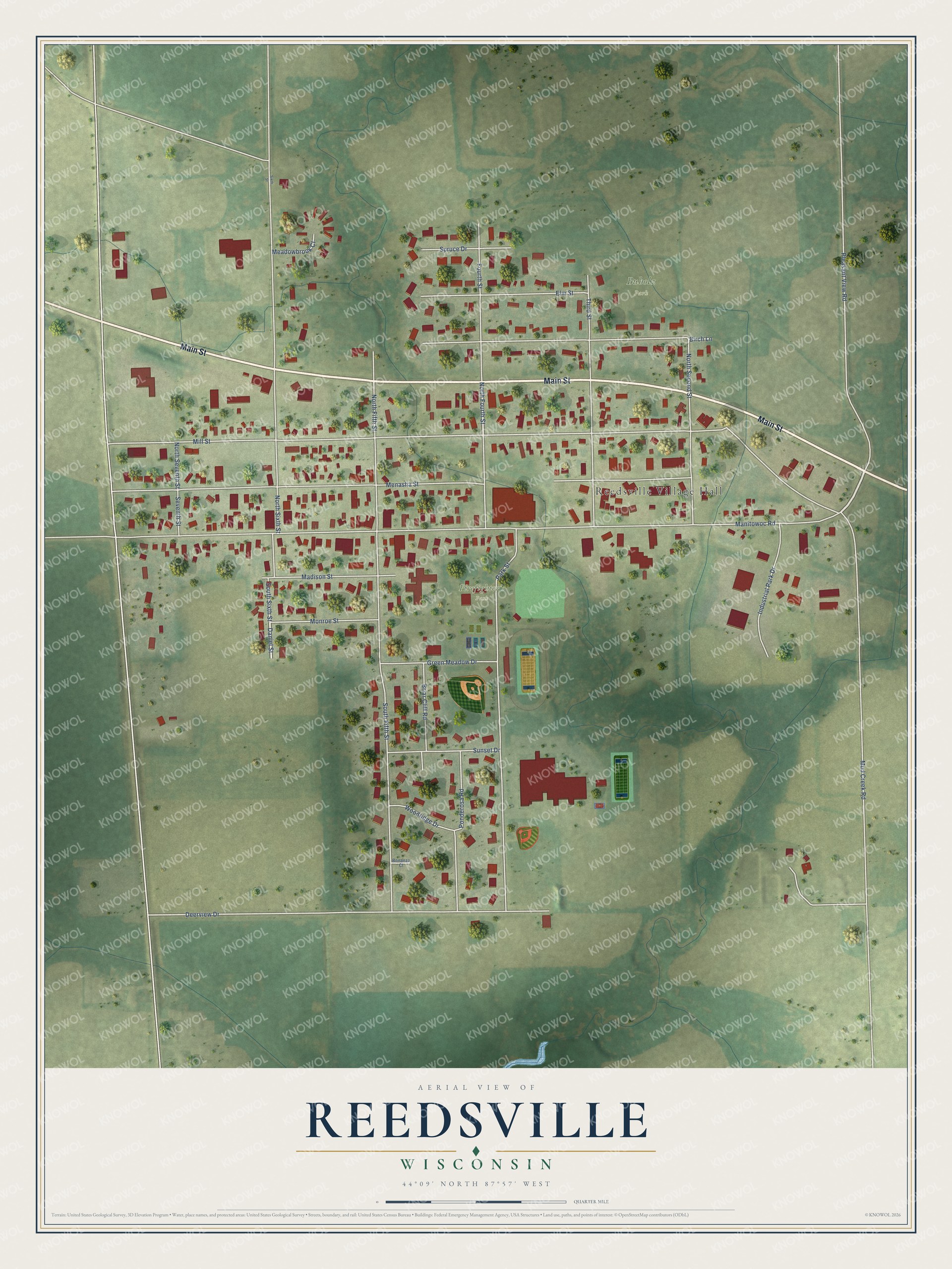Full map of Reedsville, Wisconsin, with red buildings, printed street names and the land around them