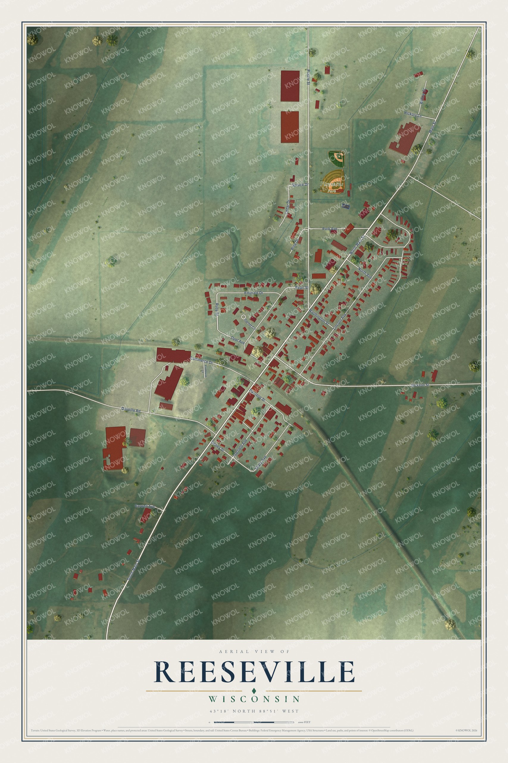 Full map of Reeseville, Wisconsin, with red buildings, printed street names and the land around them