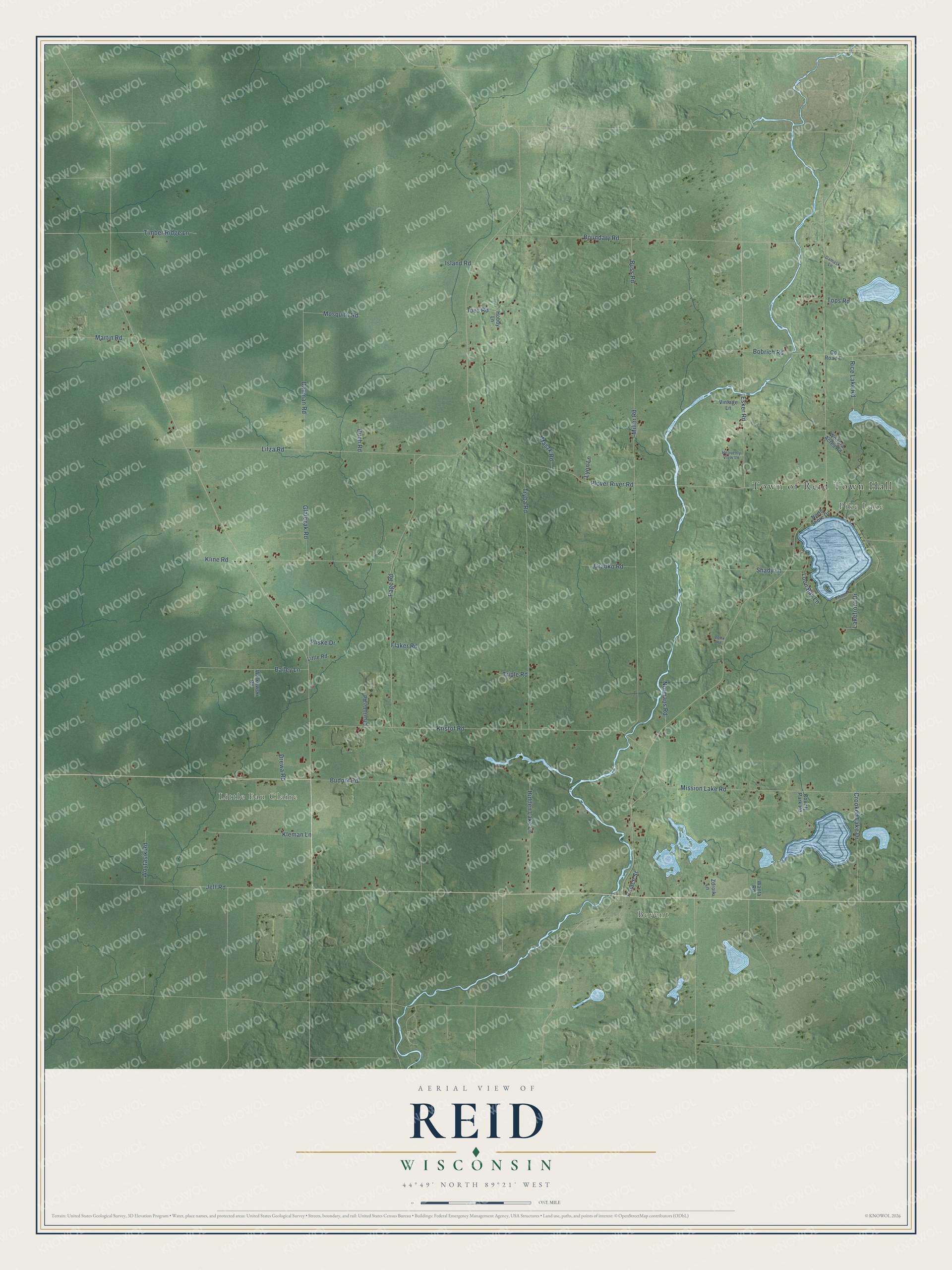 Full map of Reid, Wisconsin, with red buildings, printed street names and the land around them