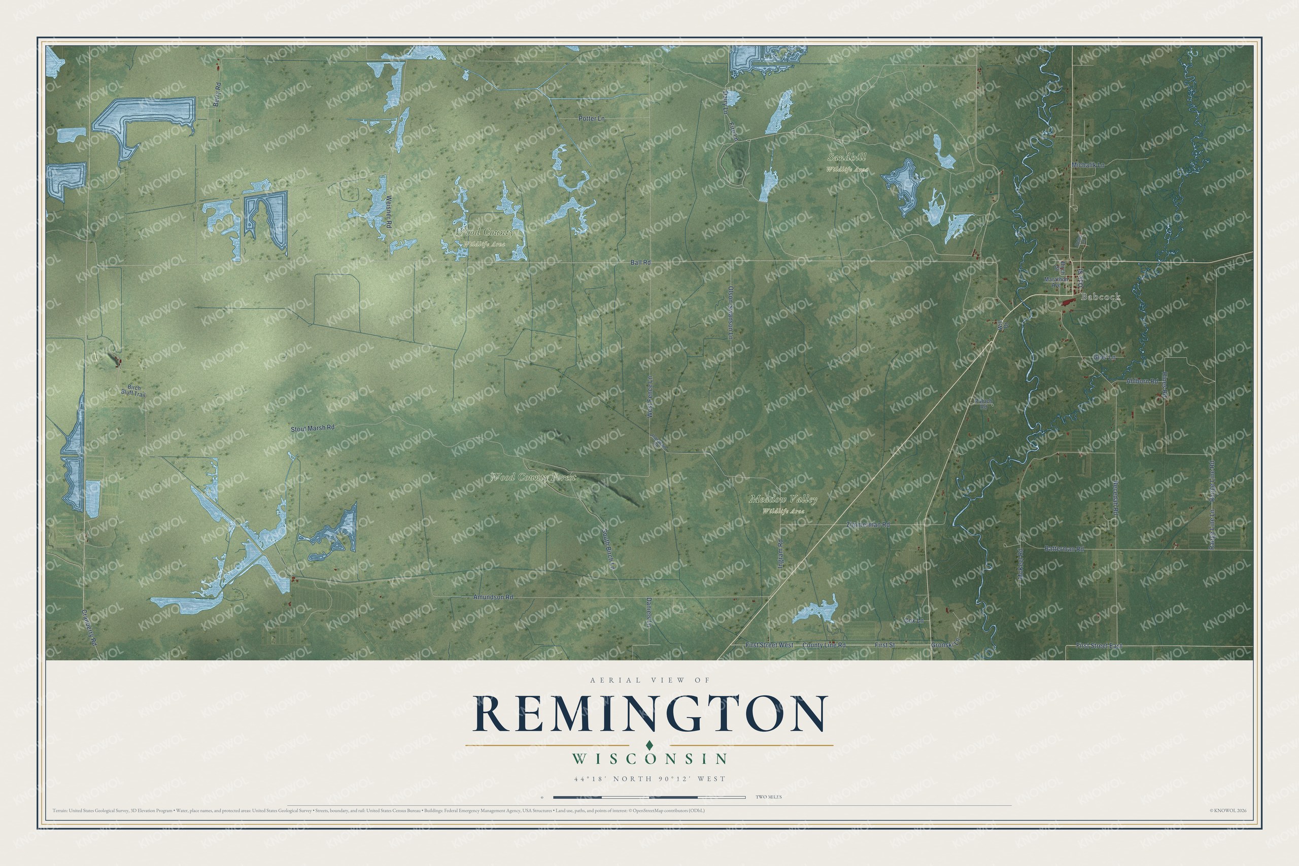 Full map of Remington, Wisconsin, with red buildings, printed street names and the land around them