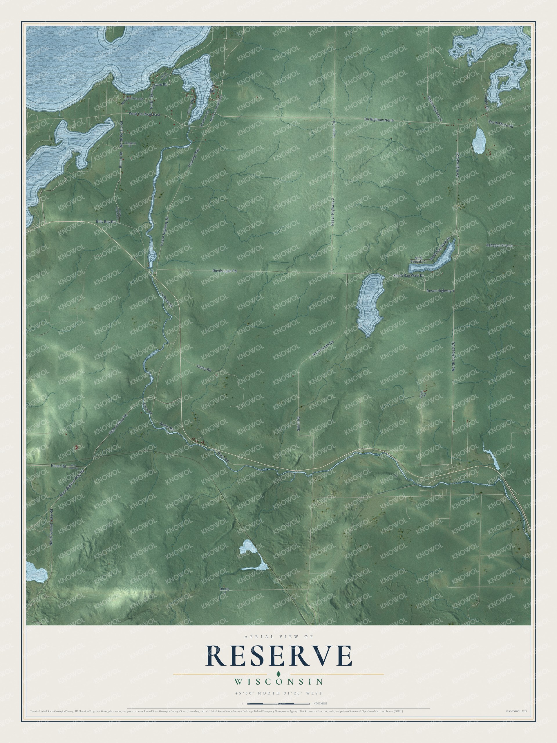 Full map of Reserve, Wisconsin, with red buildings, printed street names and the land around them