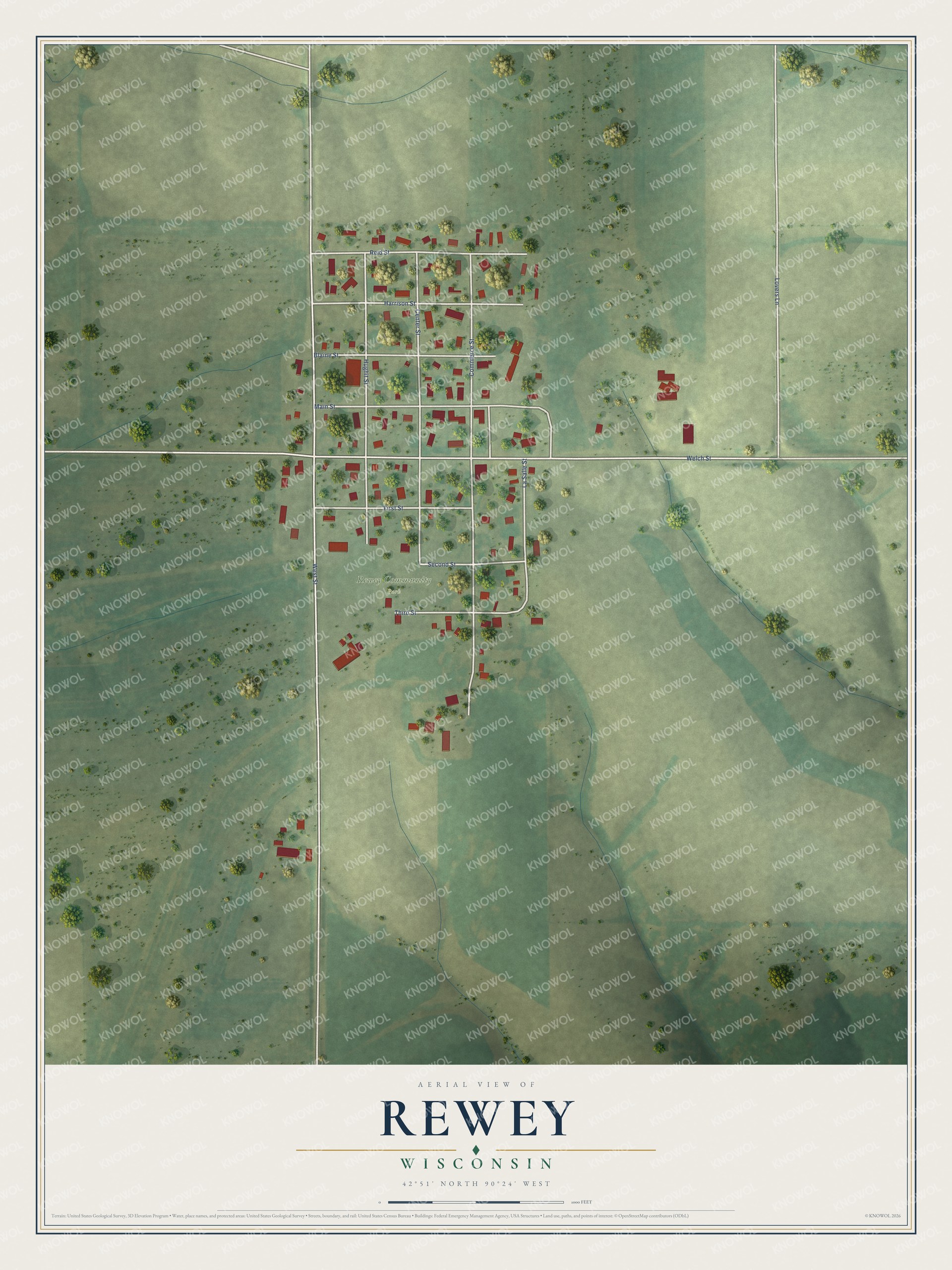Full map of Rewey, Wisconsin, with red buildings, printed street names and the land around them