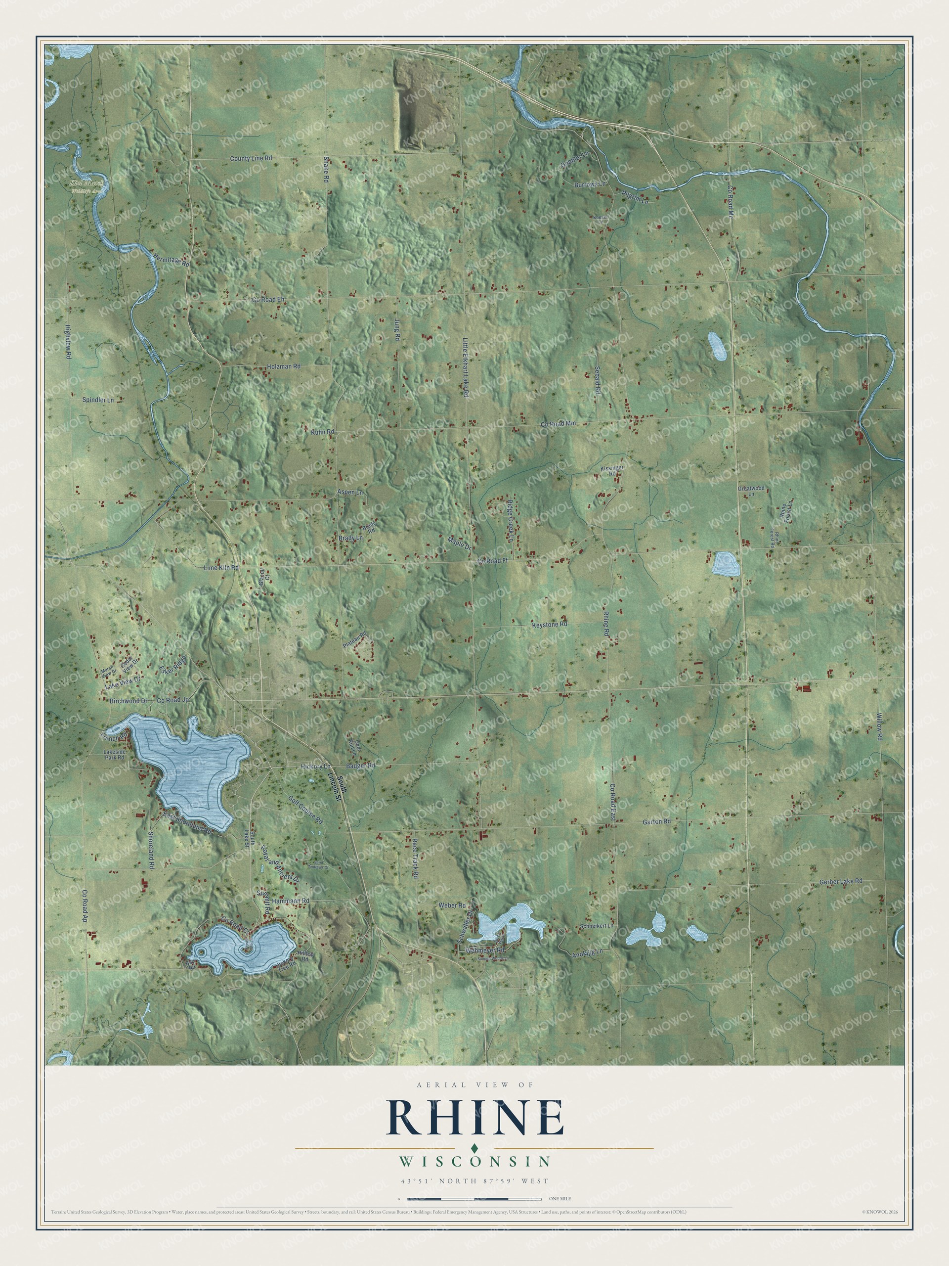 Full map of Rhine, Wisconsin, with red buildings, printed street names and the land around them
