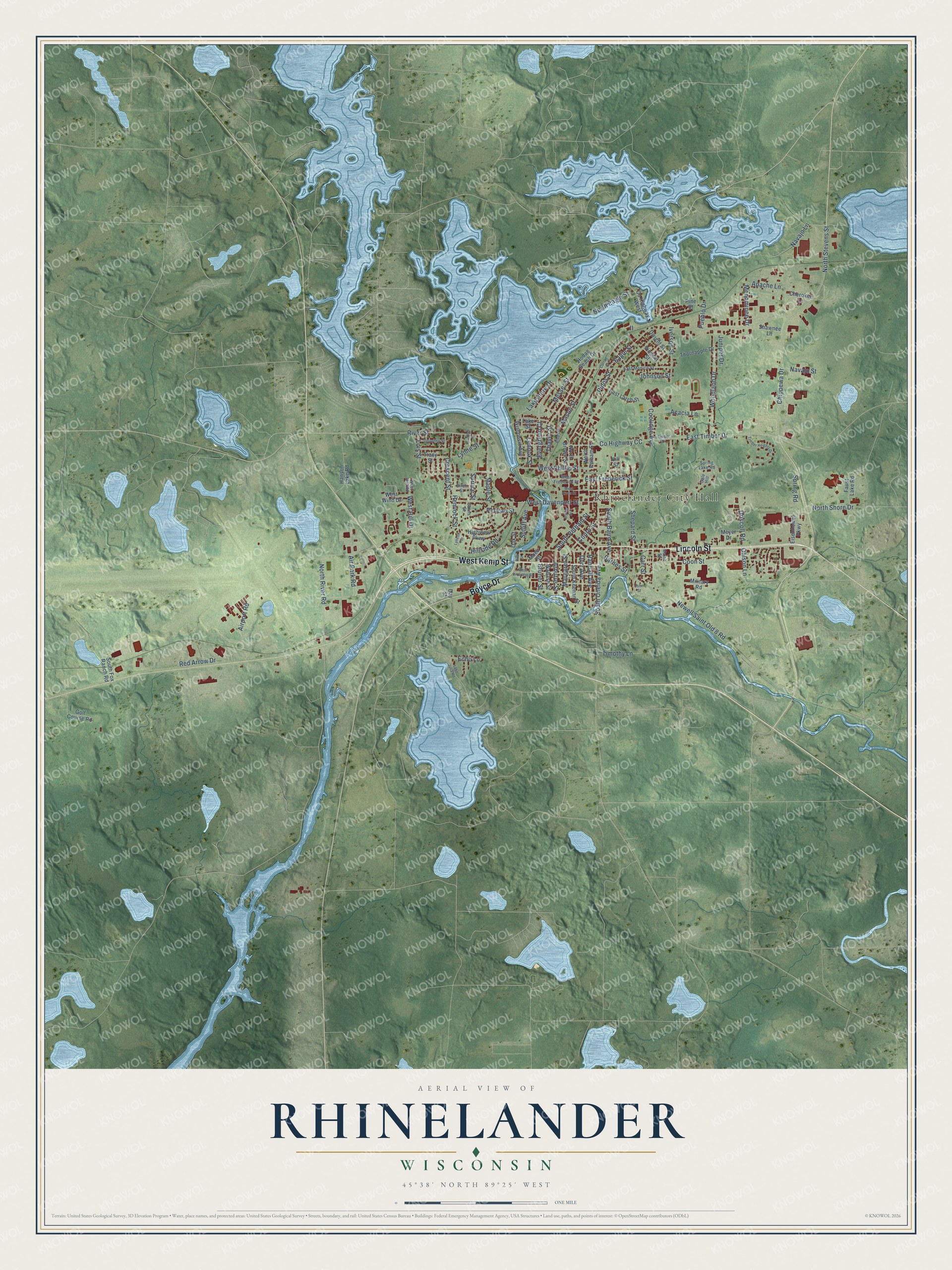 Full map of Rhinelander, Wisconsin, with red buildings, printed street names and the land around them