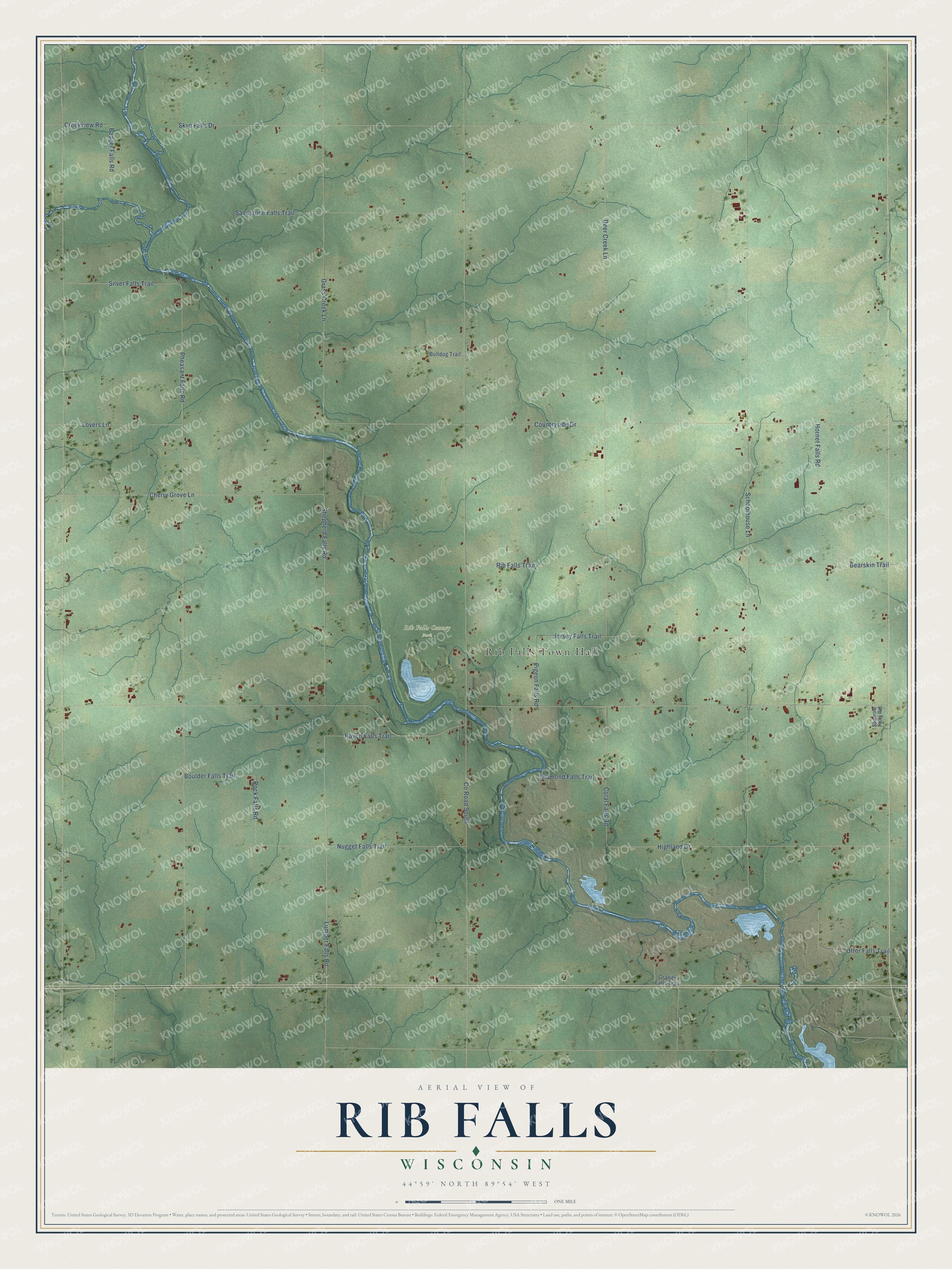 Full map of Rib Falls, Wisconsin, with red buildings, printed street names and the land around them
