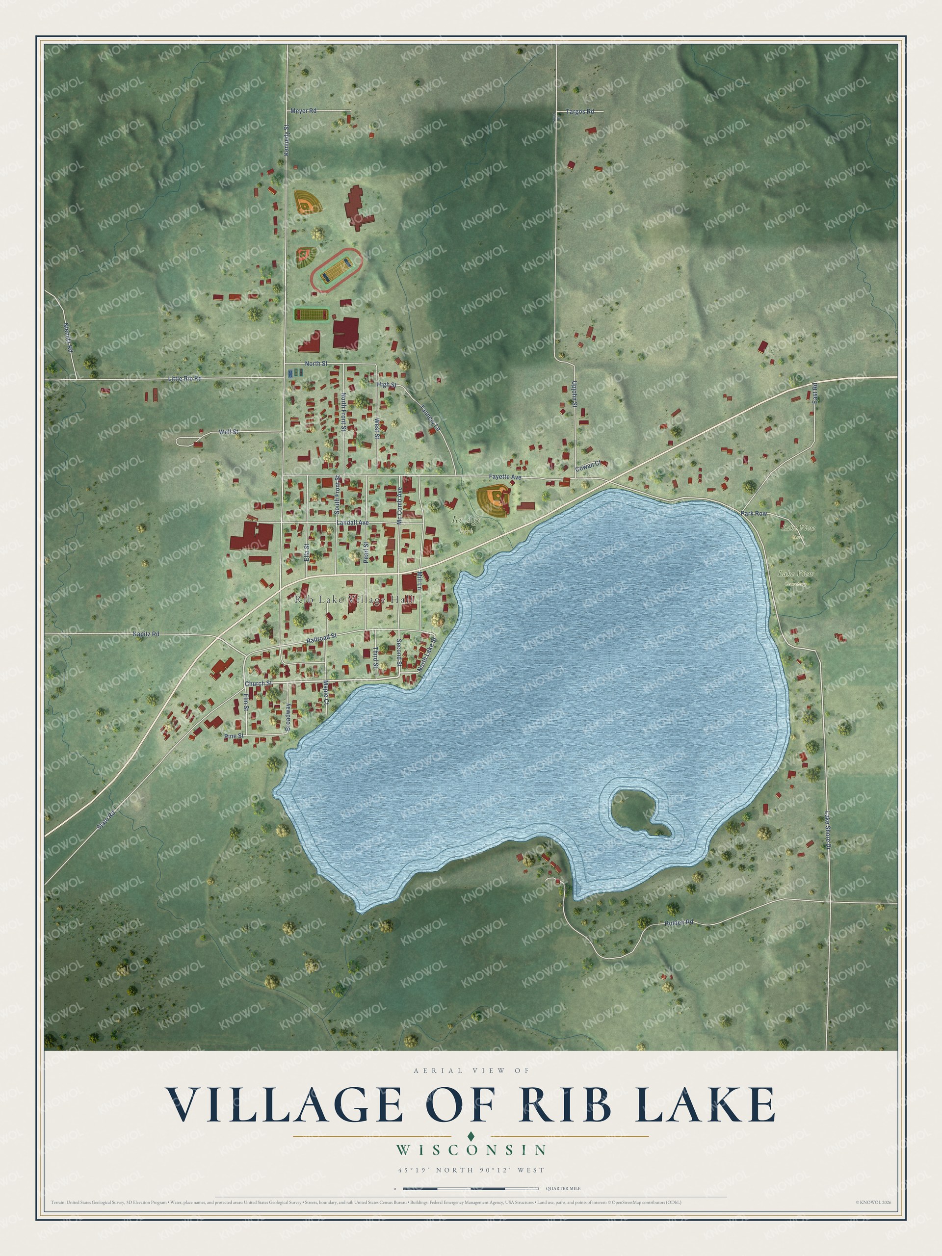 Full map of Rib Lake, Wisconsin, with red buildings, printed street names and the land around them