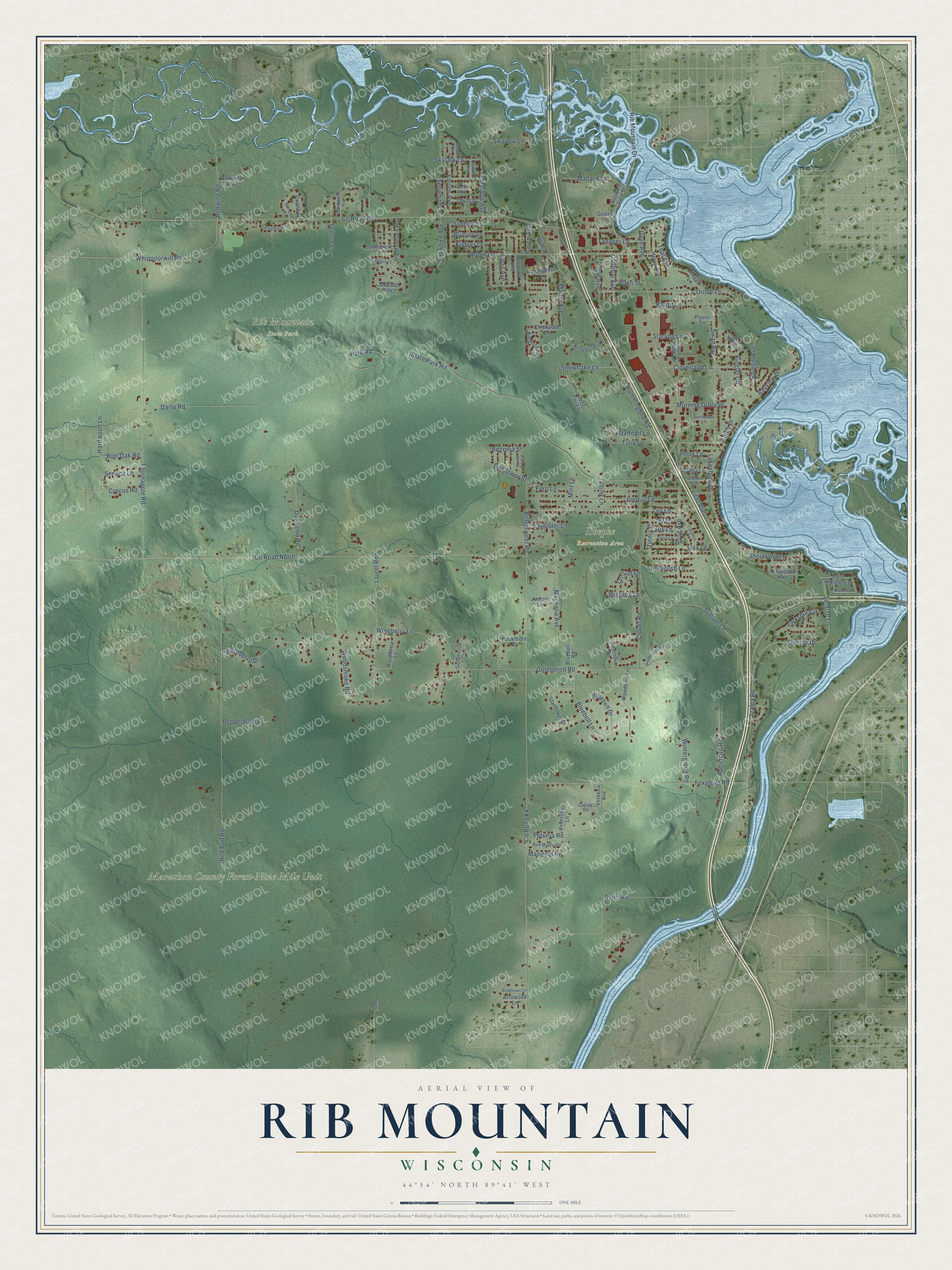Full map of Rib Mountain, Wisconsin, with red buildings, printed street names and the land around them