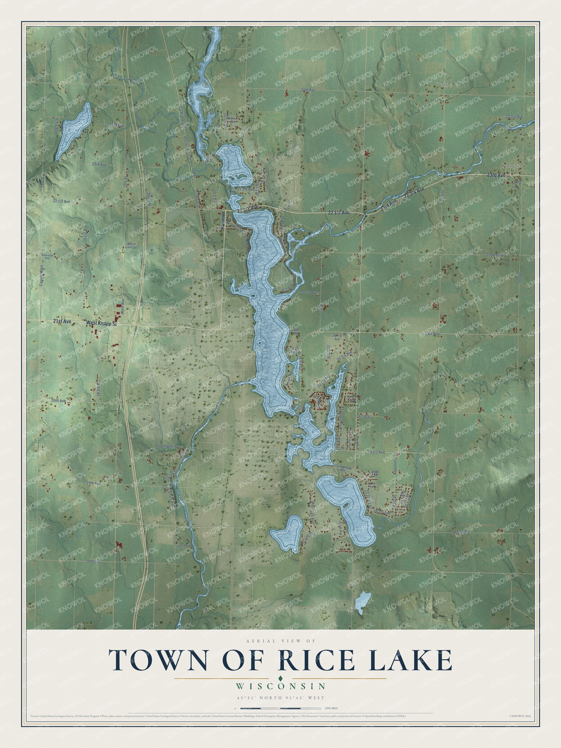 Full map of Rice Lake, Wisconsin, with red buildings, printed street names and the land around them