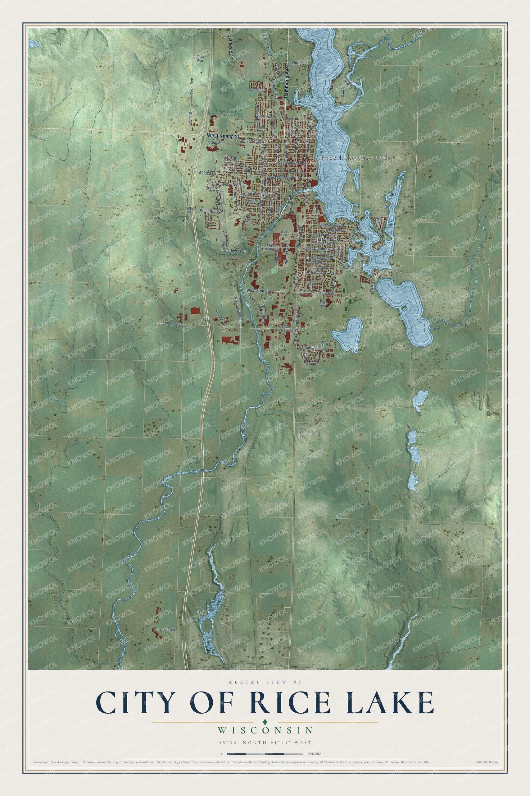 Full map of Rice Lake, Wisconsin, with red buildings, printed street names and the land around them