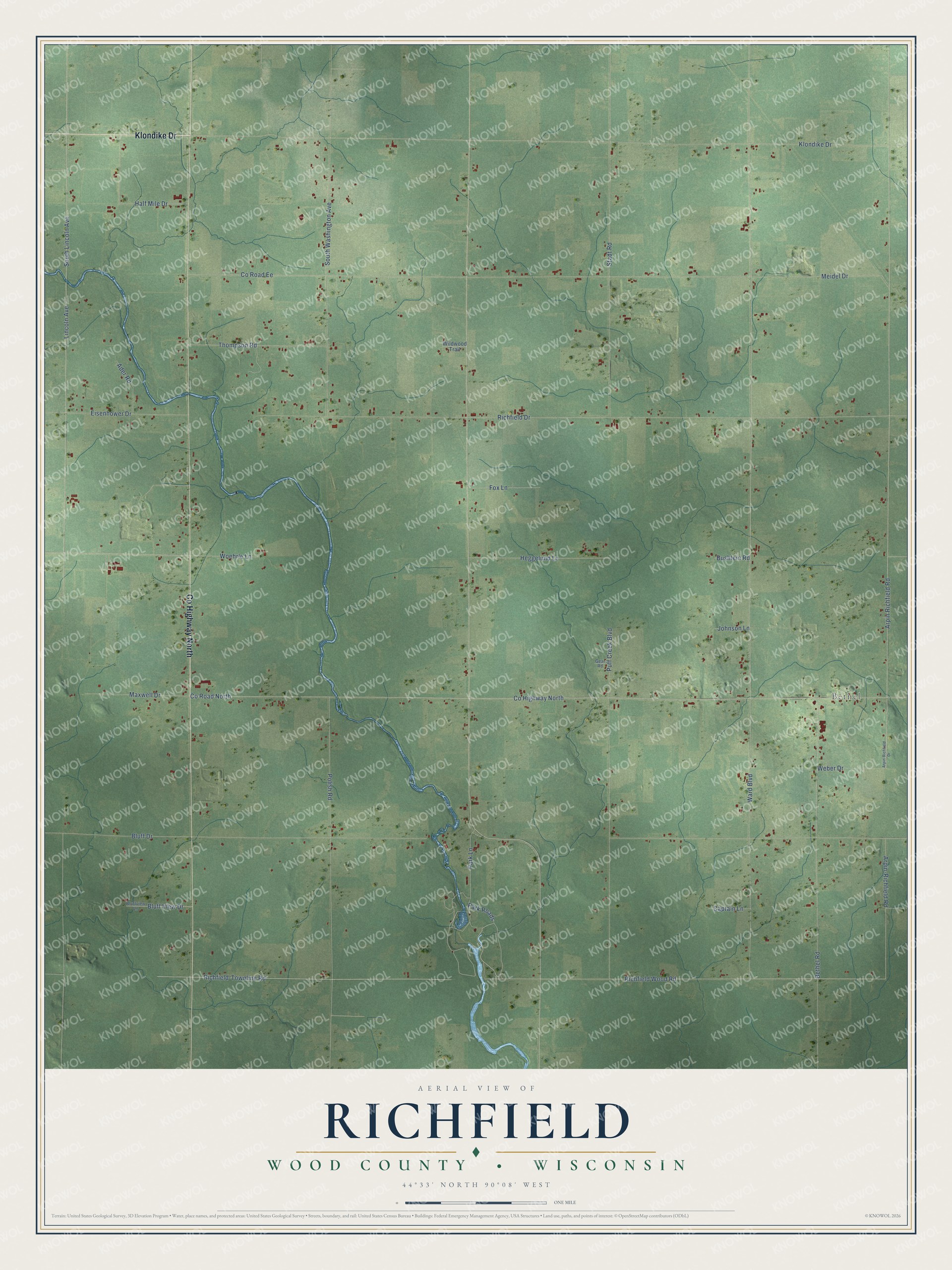 Full map of Richfield, Wisconsin, with red buildings, printed street names and the land around them