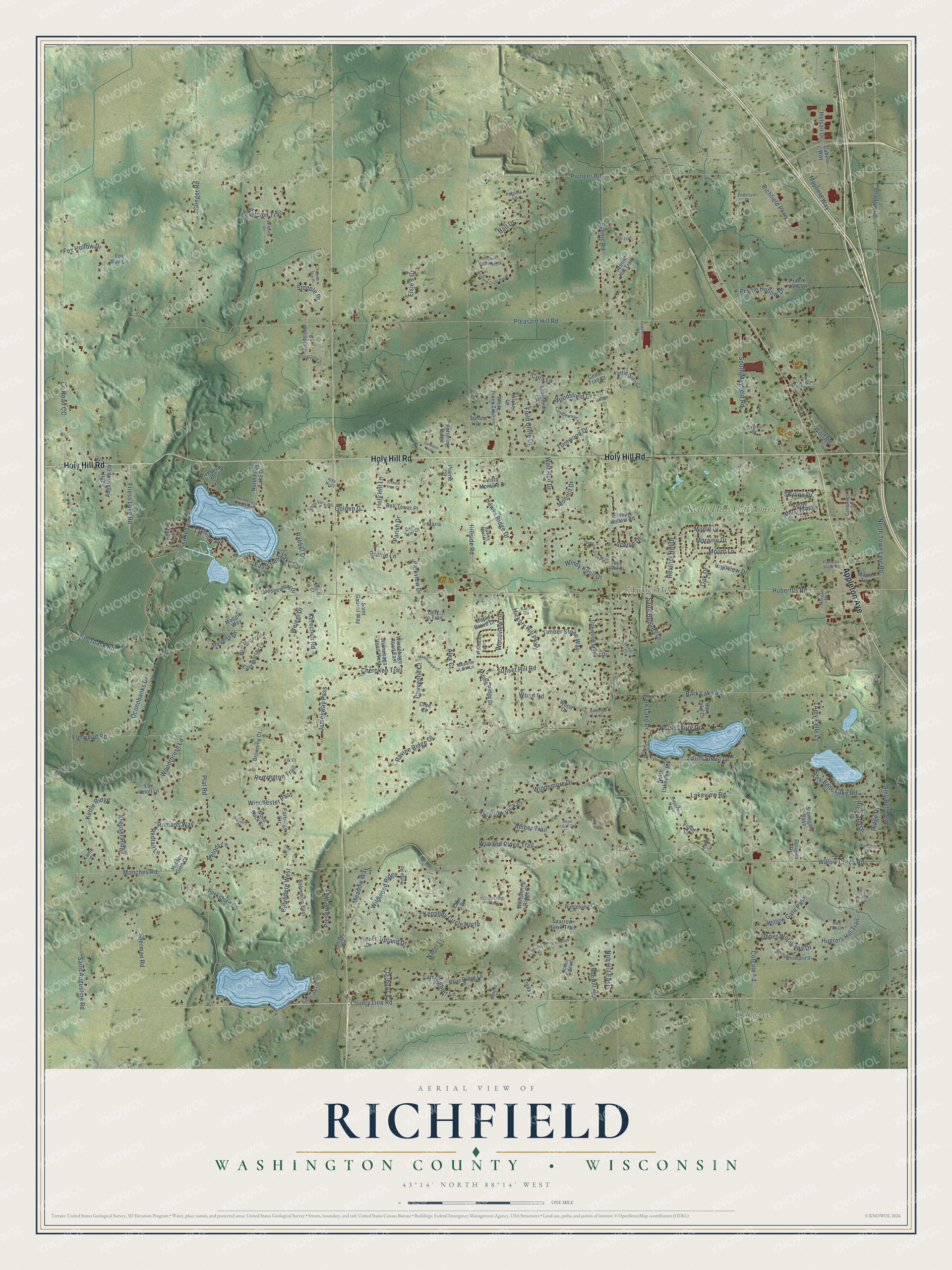 Full map of Richfield, Wisconsin, with red buildings, printed street names and the land around them