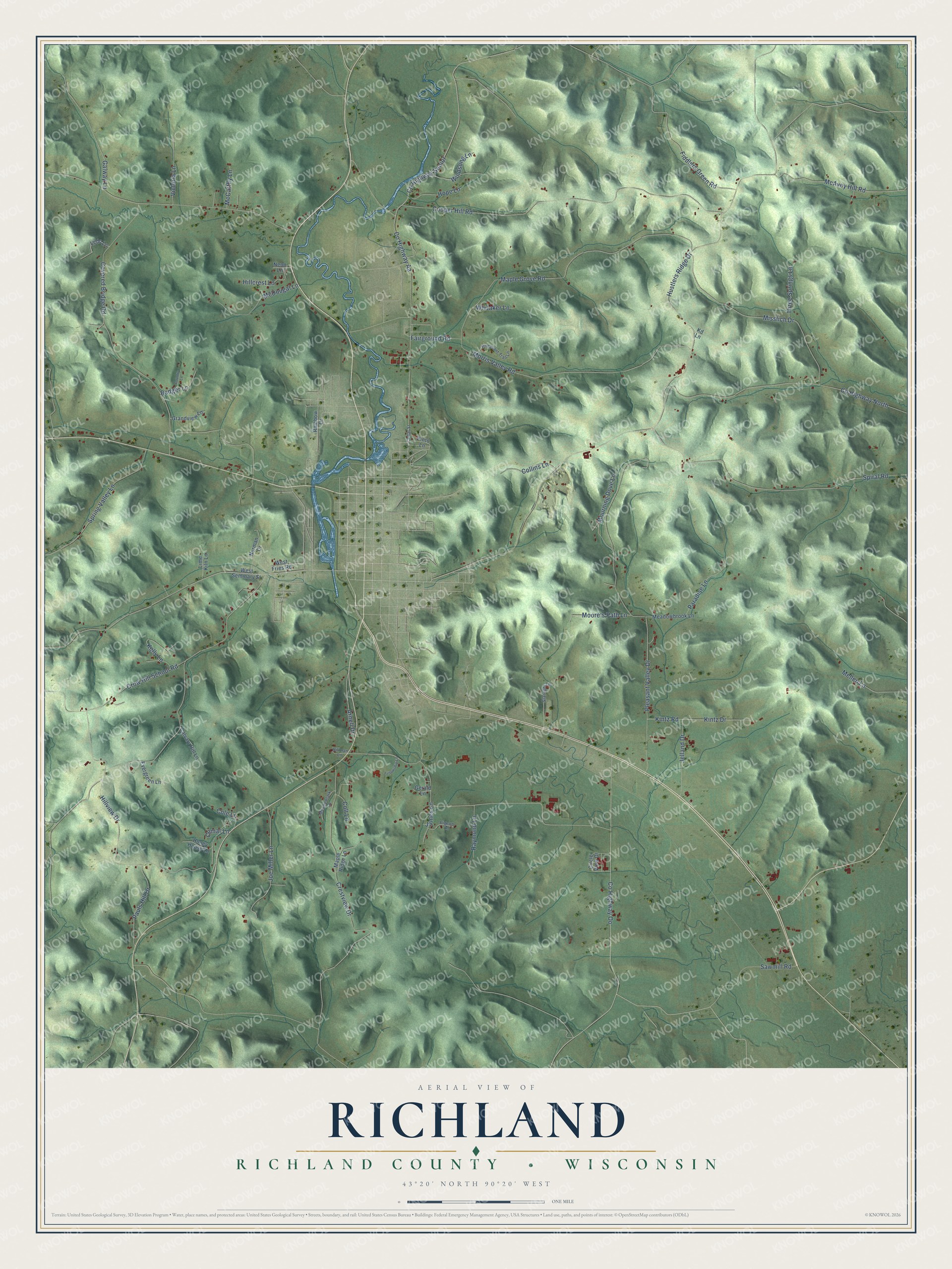 Full map of Richland, Wisconsin, with red buildings, printed street names and the land around them